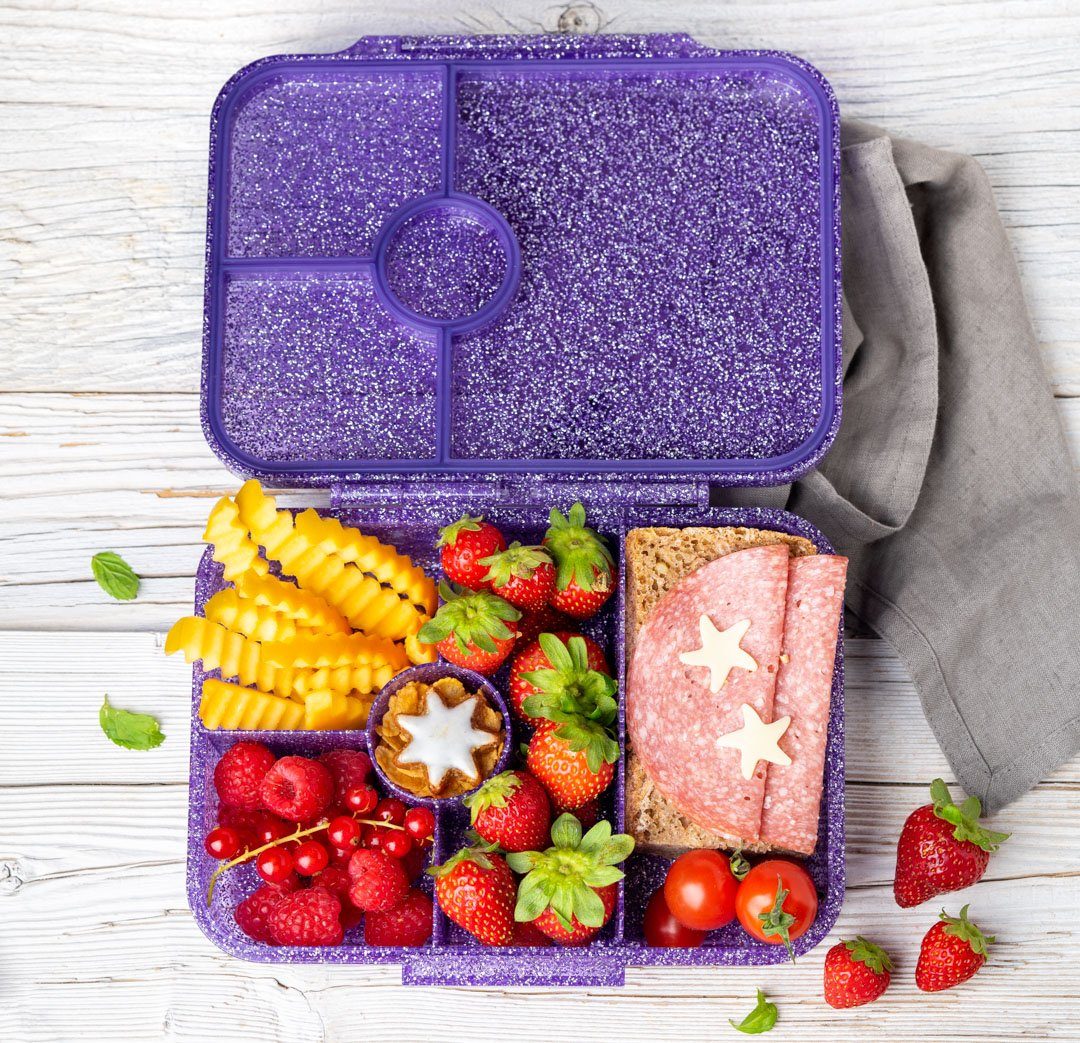 LEKKABOX Lunchbox Glitzer Brotdose, 4 Fächer - Kinder Bento Box Vesperdose Brotbox, Für feuchte Lebensmittel auslaufsichere Bento Box, inkl. extra Trenner