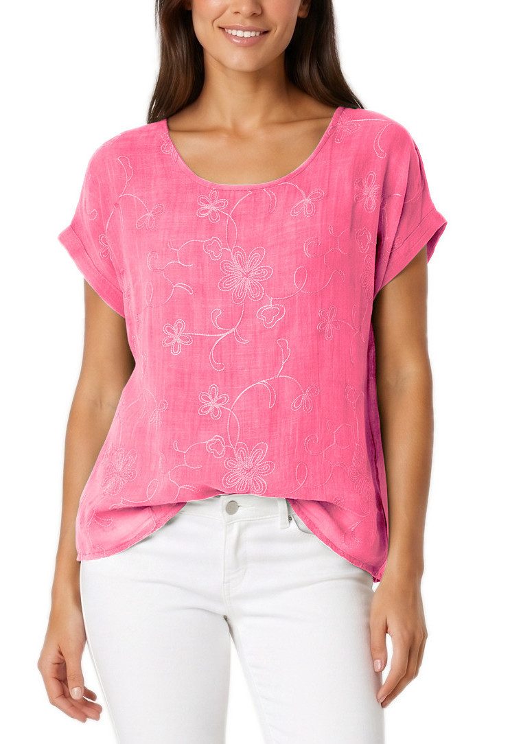 dy_mode Kurzarmbluse Kurzarm Bluse Elegantes Baumwollshirt Damen einfarbig Blusenshirt in Unifarben, Rundhalsausschnitt, mit Blumenstickerei