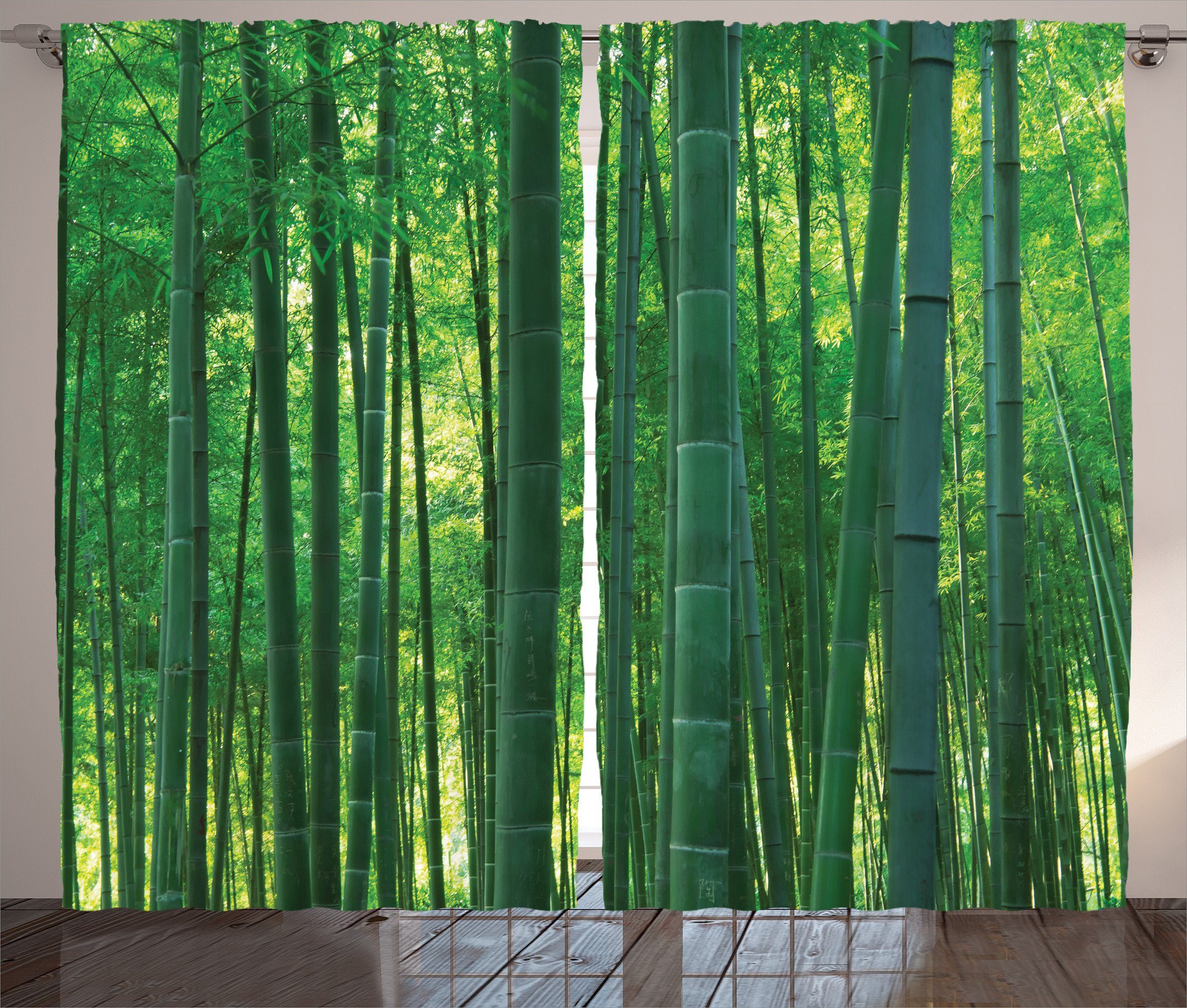 asiatisch Schlafzimmer Wilde Schlaufen mit Gardine Kräuselband Abakuhaus, Exotische Vorhang und Haken, Grüner Bambus