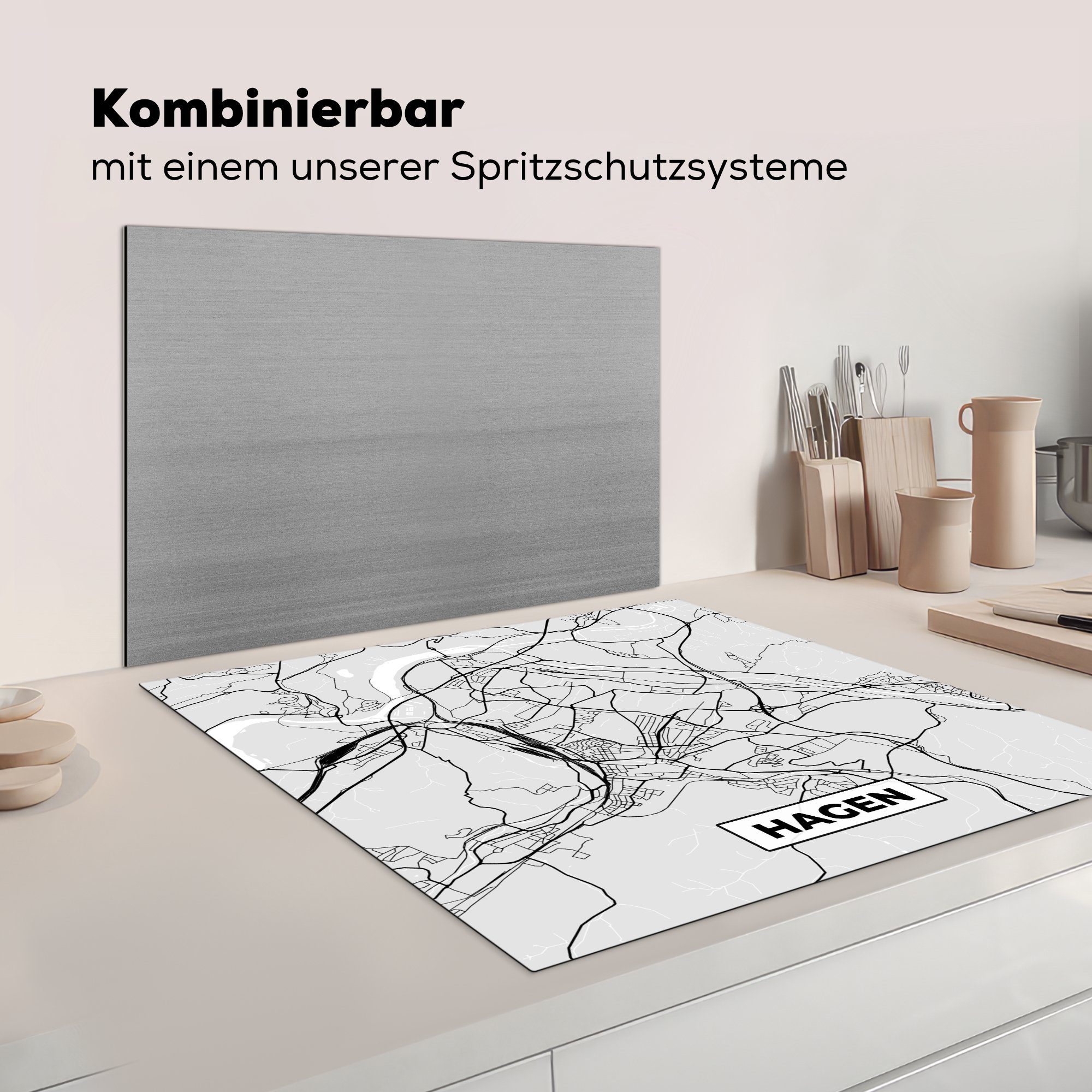 Hagen, Arbeitsplatte Vinyl, - Deutschland Herdblende-/Abdeckplatte für cm, tlg), - Karte Stadtplan - Ceranfeldabdeckung, 78x78 MuchoWow (1 küche