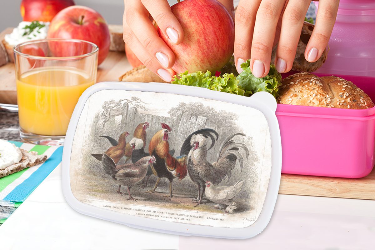 Mädchen, Hühnern Illustration rosa und Brotbox Erwachsene, Hahns auf von Brotdose für (2-tlg), Snackbox, Kinder, Kunststoff, eines Bauernhof, einem Kunststoff MuchoWow Lunchbox