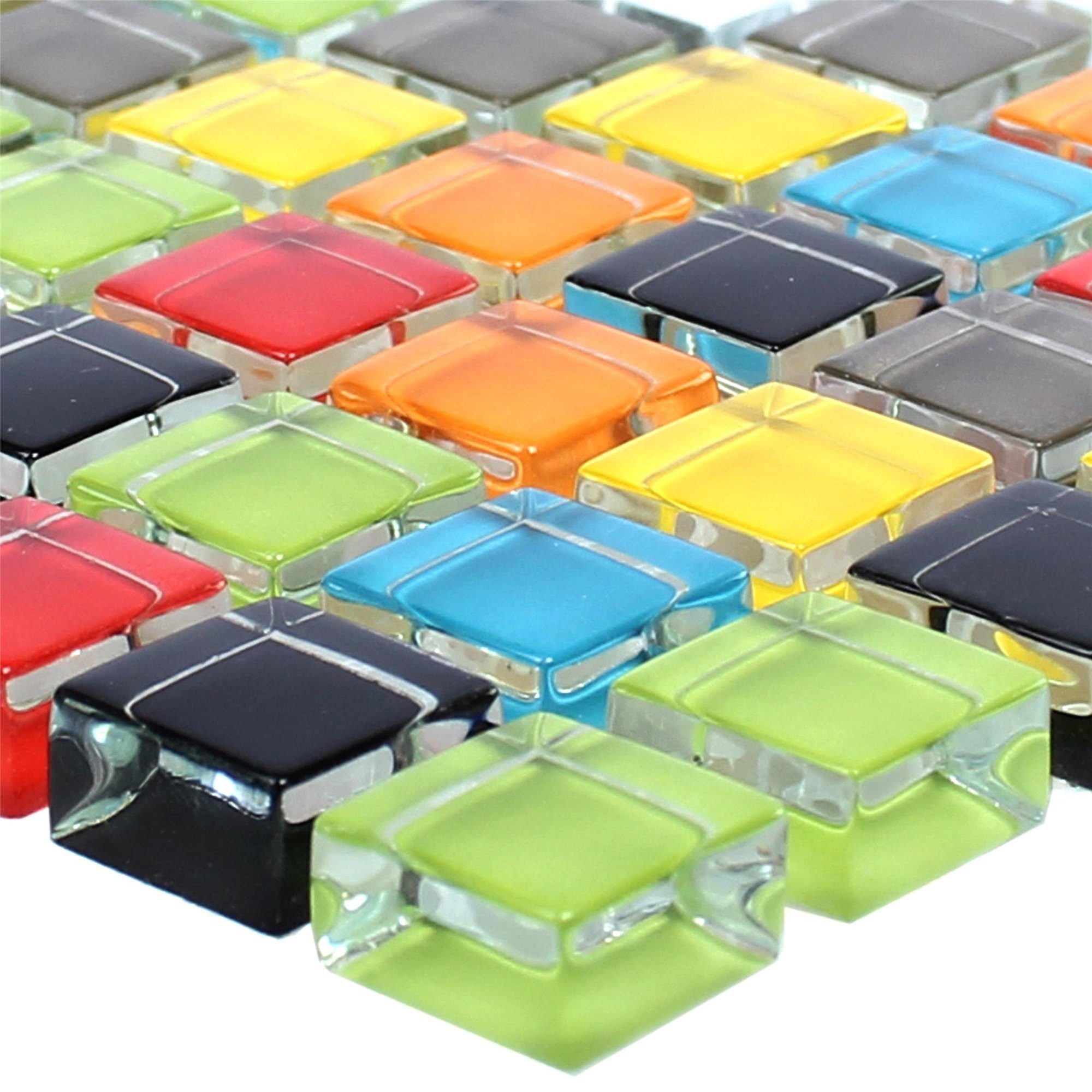 Mosafil Mosaikfliesen Glasmosaik Fliesen Nostalgie Bunt Mix, Glas 30.000x30.000, weiß-schwarz-grün-blau-gelb-orange-bunt, Wasserfest