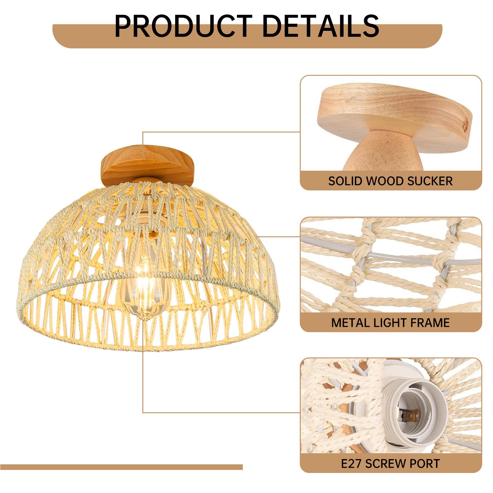 JDONG Deckenleuchte Rattan Boho Lampenschirm D30CM*H22CM, ohne Leuchtmittel, Beleuchtung, Deckenlampe E27 Beige Schlafzimmerlampe,Vintage, Dekoration für Wohnzimmer, Flur, Bar, Restaurant (Cremeweiß)