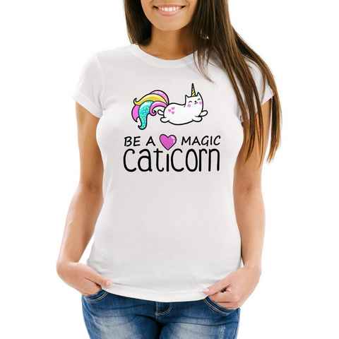 MoonWorks Print-Shirt Damen T-Shirt Be a magic caticorn Einhorn Unicorn Slim Fit Moonworks® mit Print
