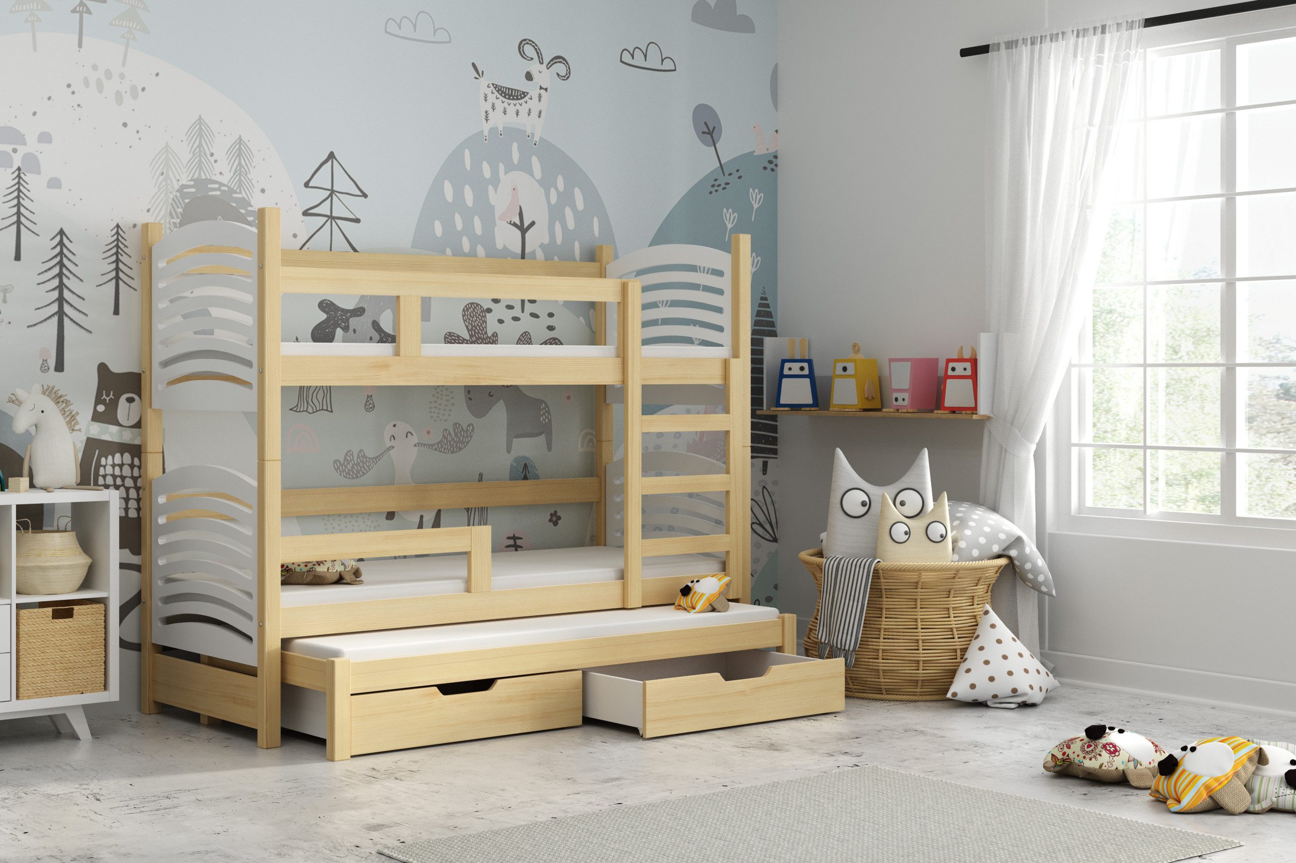 thematys Hochbett Etagenbett optional mit Ausziehbett + Inklusive Matratzen 180x80cm (MADE IN EU-Kinderbett für Jungen und Mädchen, in Weiß, Grau, Natur, Rosa, Grün oder Blau, inklusive Lattenroste - Aus Kiefernholz und MDF Platten gefertigt) mit zwei Schubladen