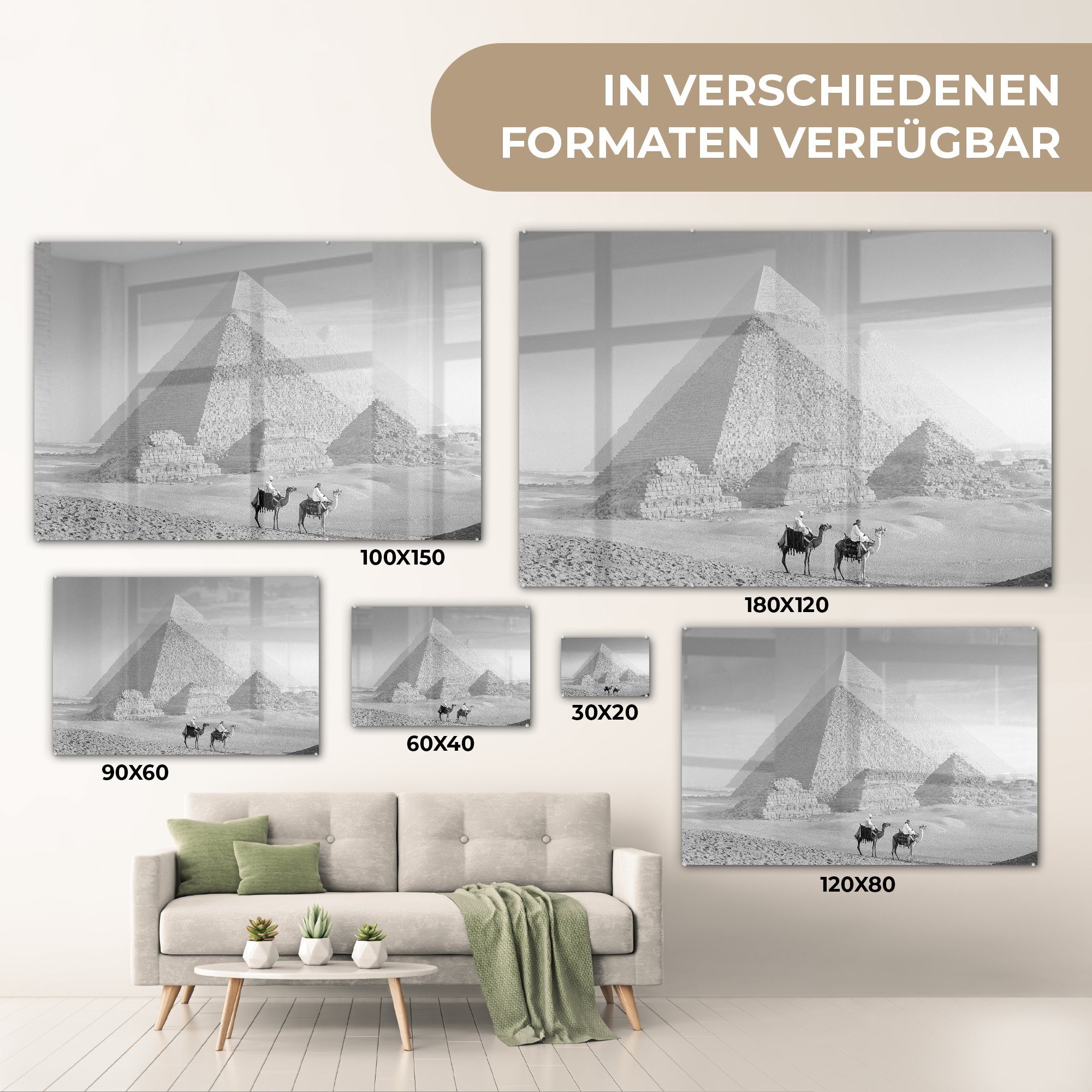 MuchoWow Acrylglasbild (1 Kamele Schlafzimmer St), Pyramiden weiß, & den und vor Wohnzimmer - von Acrylglasbilder Gizeh schwarz