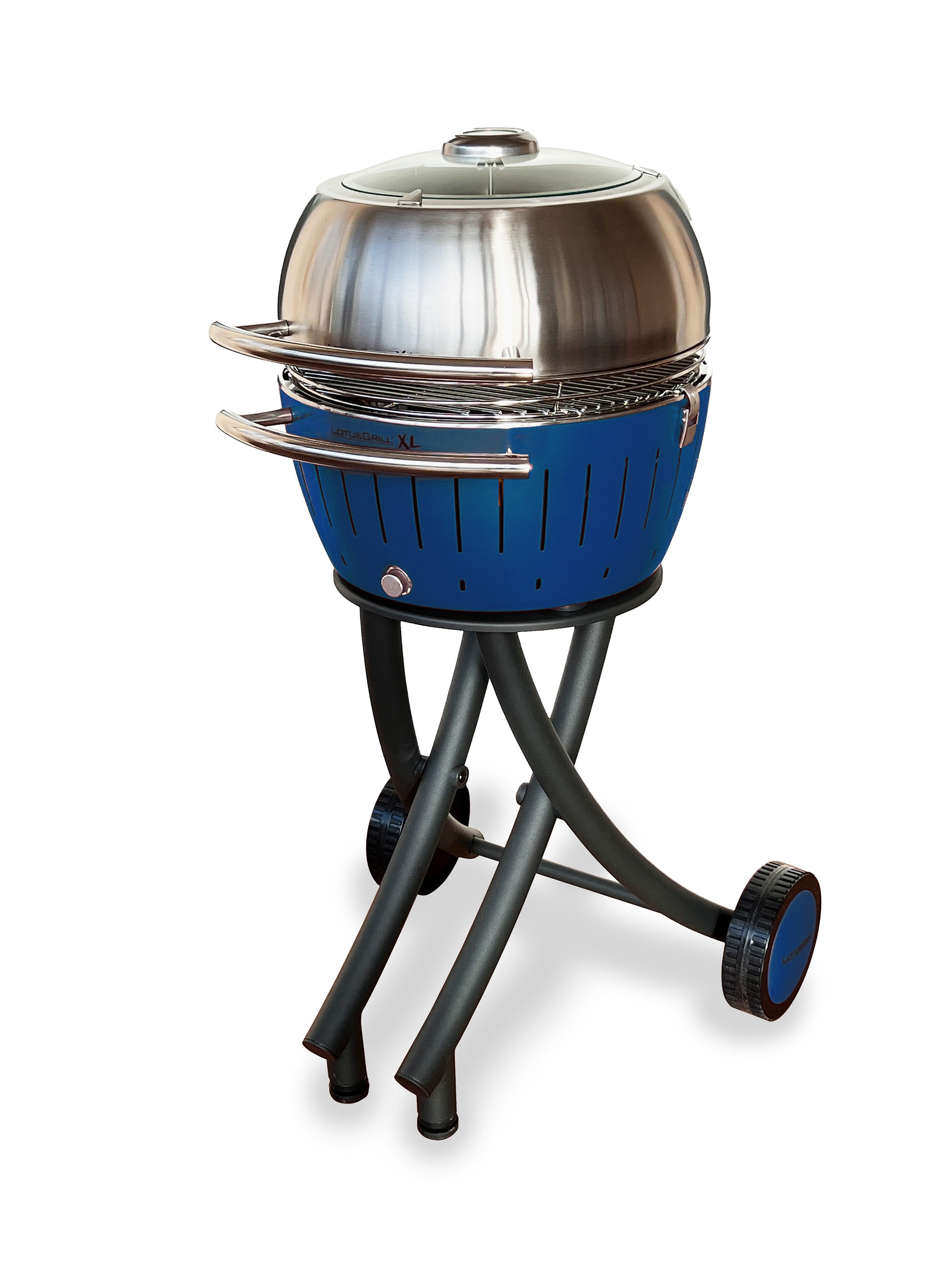 LotusGrill Holzkohlegrill LotusGrill XL Gartengrill Set Tiefblau Grillwagen/- haube XL Edelstahl