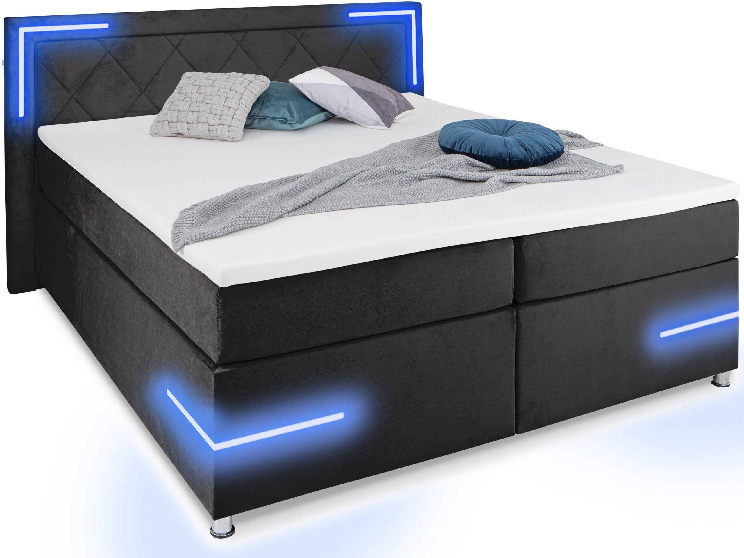 wahlweise LED Bettkasten mit Topper, wonello mit und Boxspringbett Beleuchtung Arizona,