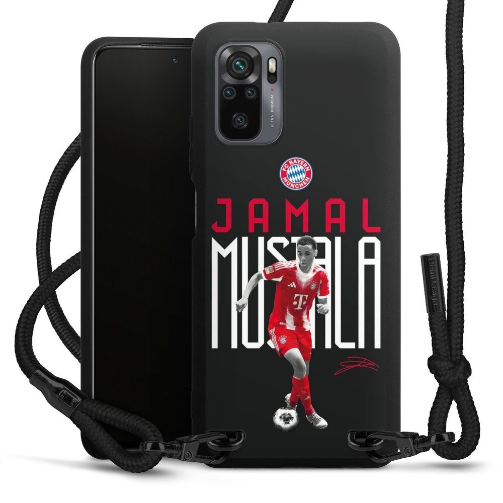 DeinDesign Handyhülle FC Bayern München Jamal Musiala Offizielles Lizenzprodukt, Xiaomi Redmi Note 10 4G Premium Handykette Hülle mit Band