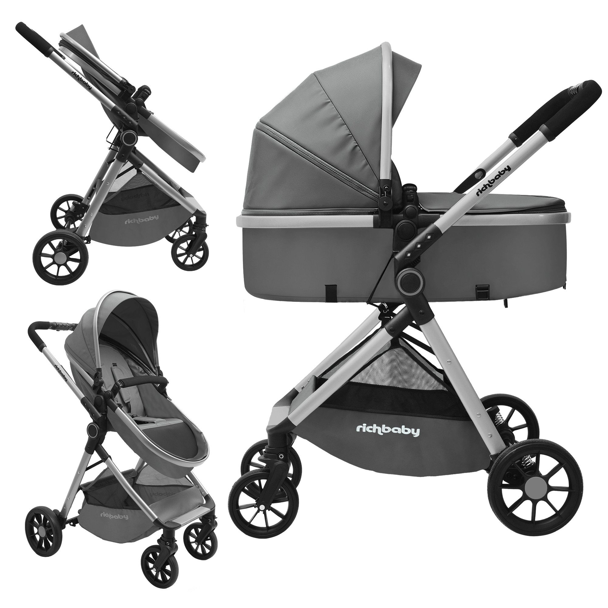 Rich Baby Kombi-Kinderwagen 2 in1 Kombi-Reisekinderwagen & Buggy (0-36 Monate, bis 22 kg), (Kompakt Zusammenklappbar, UV 50+, 5-Punkt-Gurte), Vollflächige Liegeposition, Babywanne, Großer Einkaufskorb Komplettset
