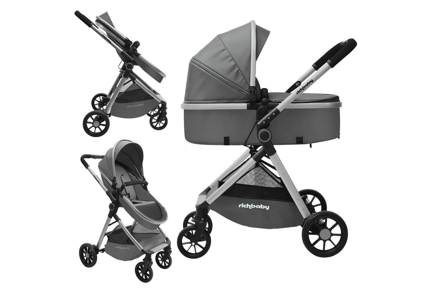 Rich Baby Kombi-Kinderwagen 2 in1 Kombi-Reisekinderwagen & Buggy (0-36 Monate, bis 22 kg), (Kompakt Zusammenklappbar, UV 50+, 5-Punkt-Gurte), Vollflächige Liegeposition, Babywanne, Großer Einkaufskorb Komplettset
