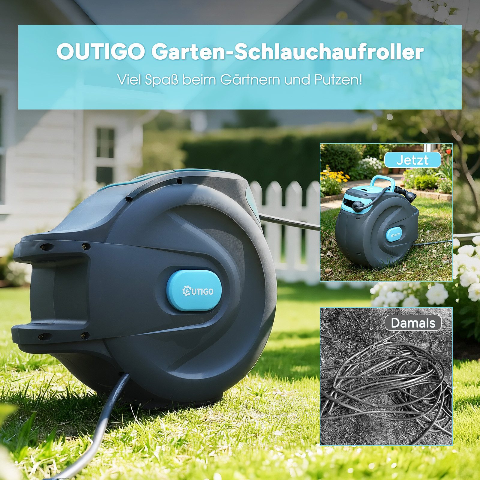 OUTIGO Schlauchtrommel Gartenschlauch tragbare Wasser Schlauchaufroller Schlauchbox, (25m/35m mit Multibrause, inkl. Wasserhahnanschluss), automatisch einziehbar, Wandbefestigung 180° schwenkbar