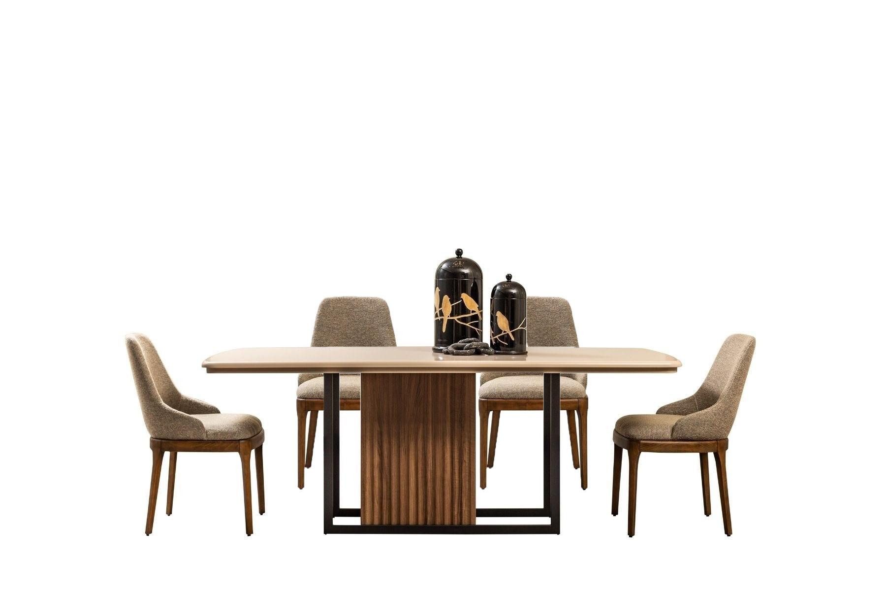 Esszimmer-Set Beige Essgruppe mit Tisch und ergonomischen Stühlen aus Textil