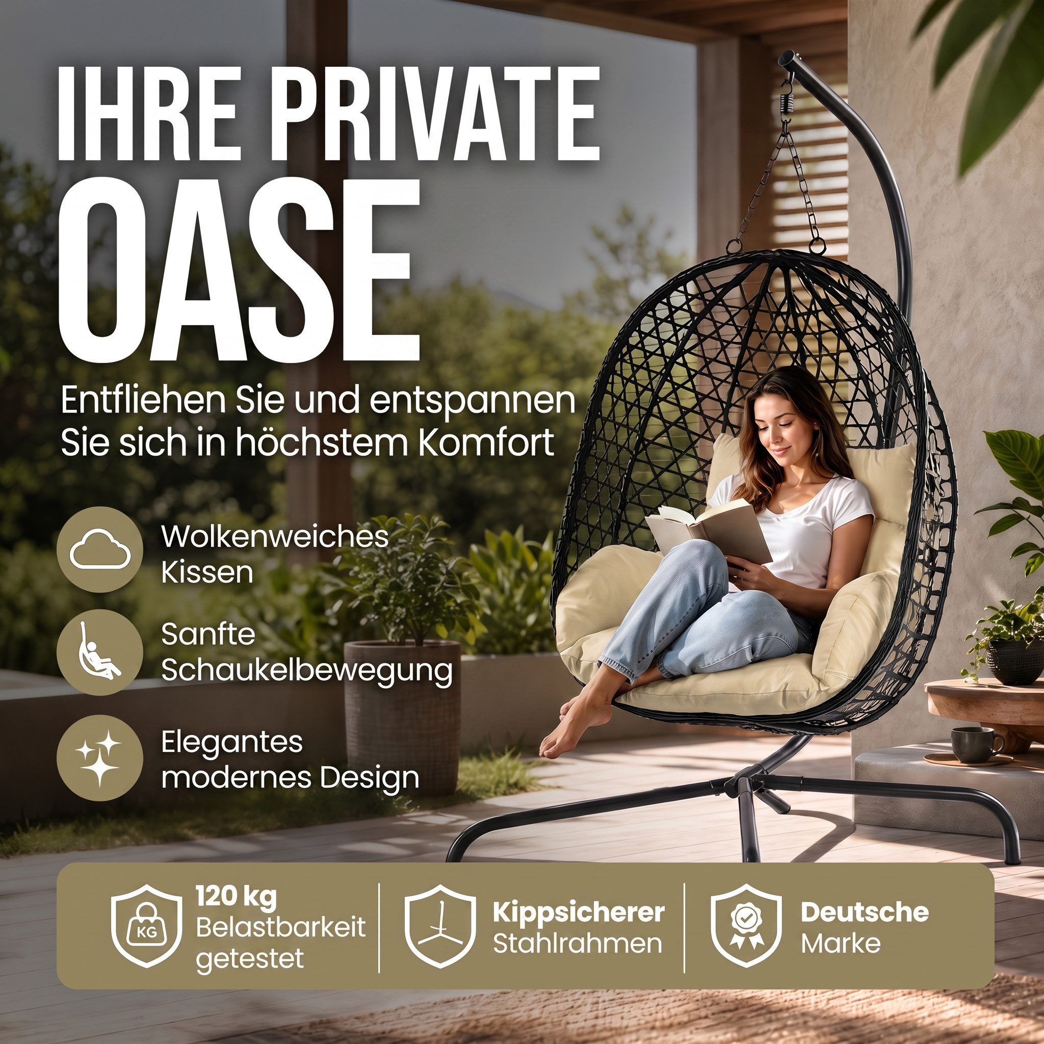 Goods+Gadgets Hängestuhl Polyrattan Hängestuhl mit Gestell und Kissen–Komfort für Innen & Außen (Hängekorb Sessel), Schwebeliege Rattan Outdoor & Indoor Relax Hängeliege