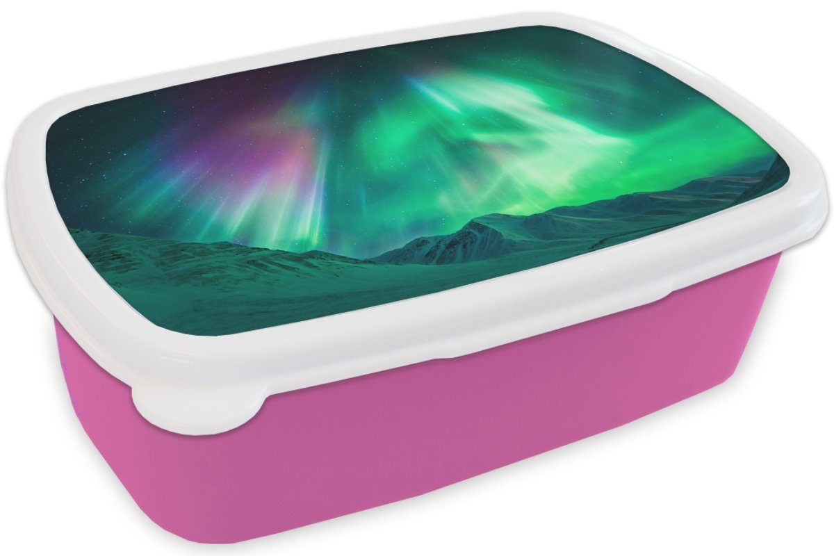 Snackbox, Erwachsene, für Lunchbox MuchoWow (2-tlg), - Mädchen, Nordlichter - Brotbox Kunststoff Berge, Alaska Kinder, rosa Brotdose Kunststoff,