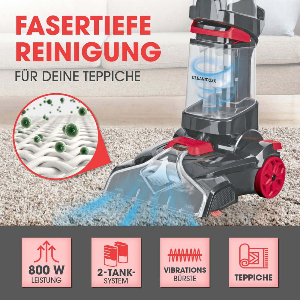 CLEANmaxx Teppichreinigungsgerät Teppichreiniger Professional mit Vibrations- und Seitenbürsten, 800 W, mit Beutel, Intensive Reinigung mit Vibration Teppichreinigung Polster