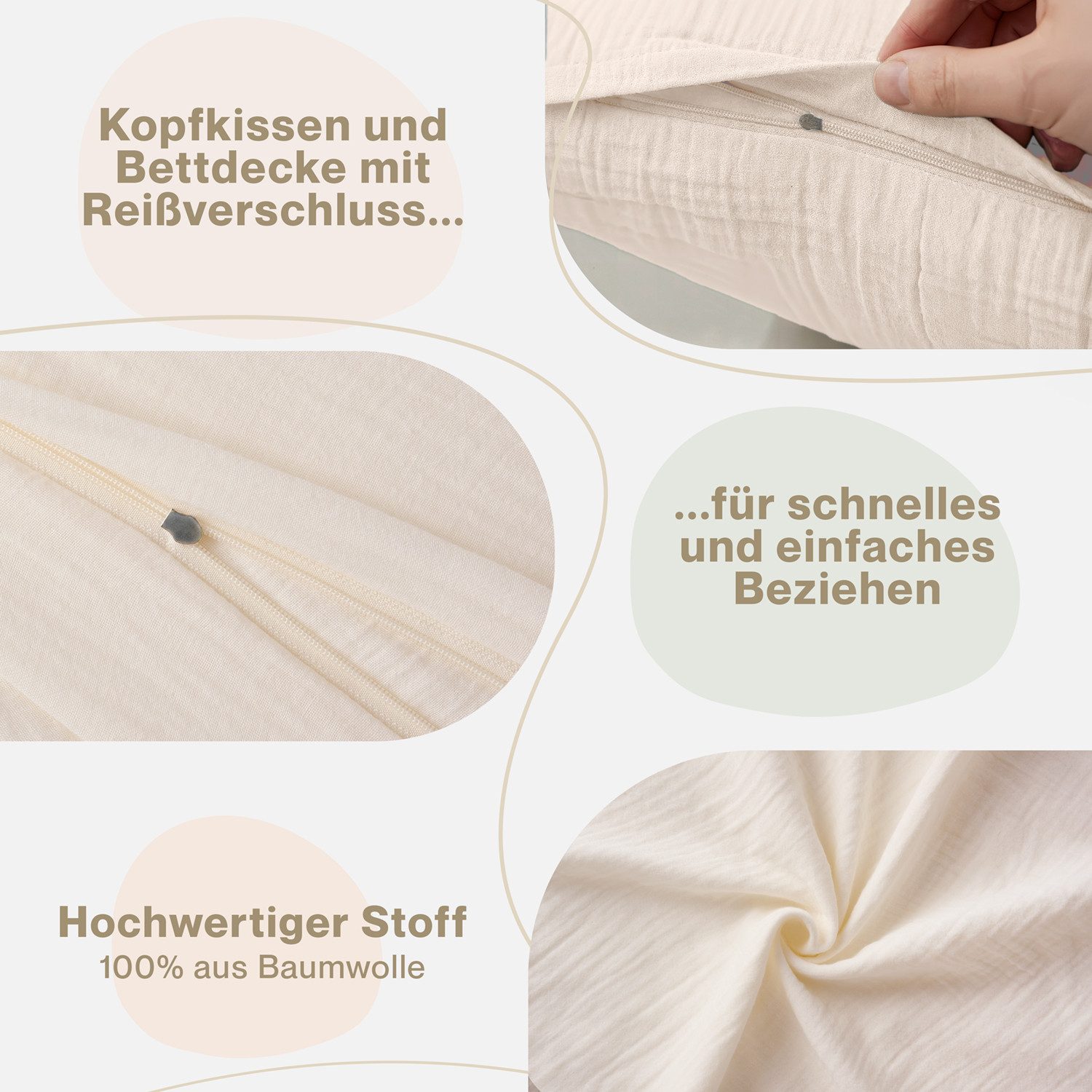 Blumtal Bettwäsche Musselin 100% Baumwolle im Set, Kopfkissenbezug & Deckenbezug, 3 teilig – Bild 4 von 5