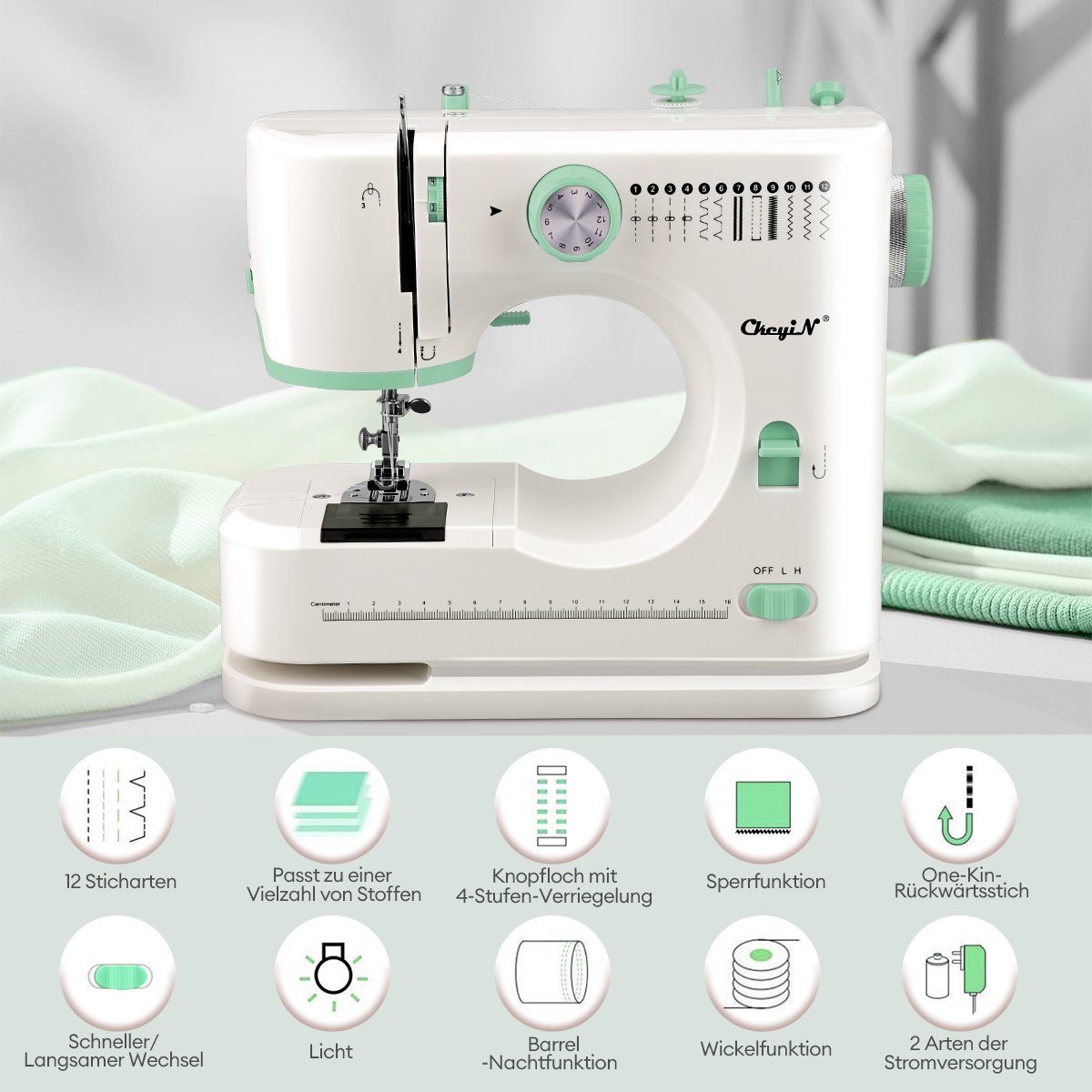 CkeyiN Nähmaschine Kleine Haushaltsnähmaschine Multifunktionale Mini-Handnähmaschine, 12 Programme, mit 12 integrierten Sticharten, Doppelnadel, 2 Geschwindigkeit