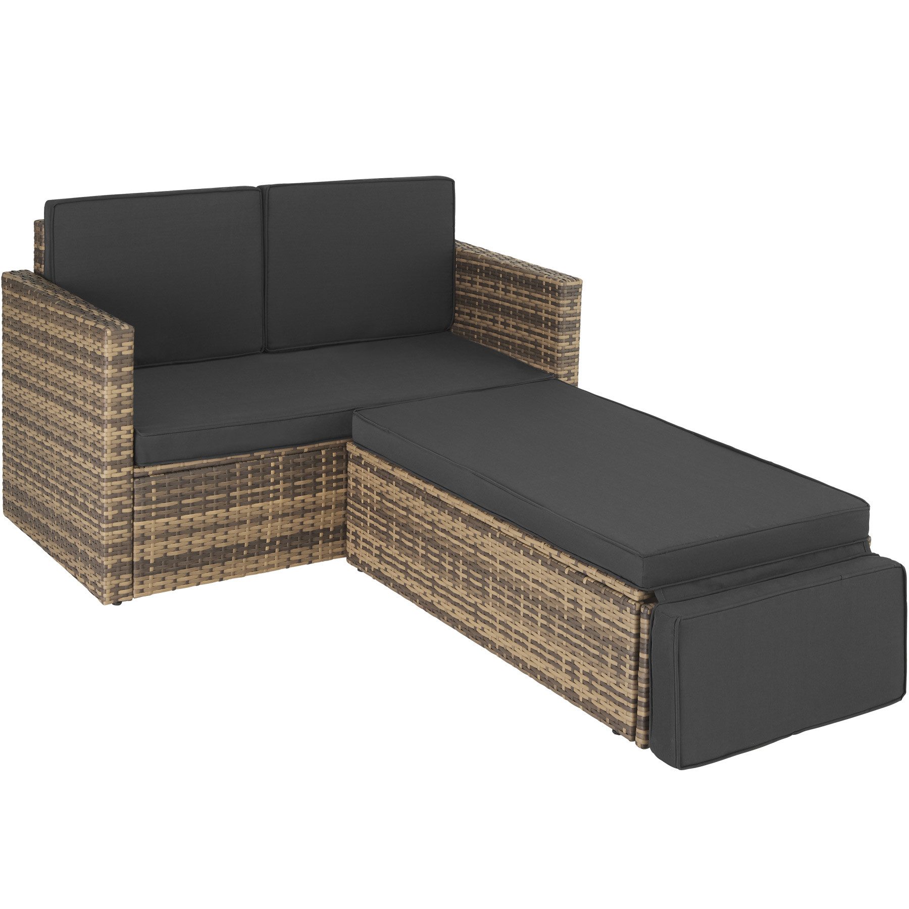 tectake Loungeset Rattan Lounge, Hocker mit klappbarer Stütze, (Gartenlounge Korfu, 2-tlg., in natur), 2-Sitzer, widerstandsfähig, UV-beständig, Dicke der Polster 8 cm