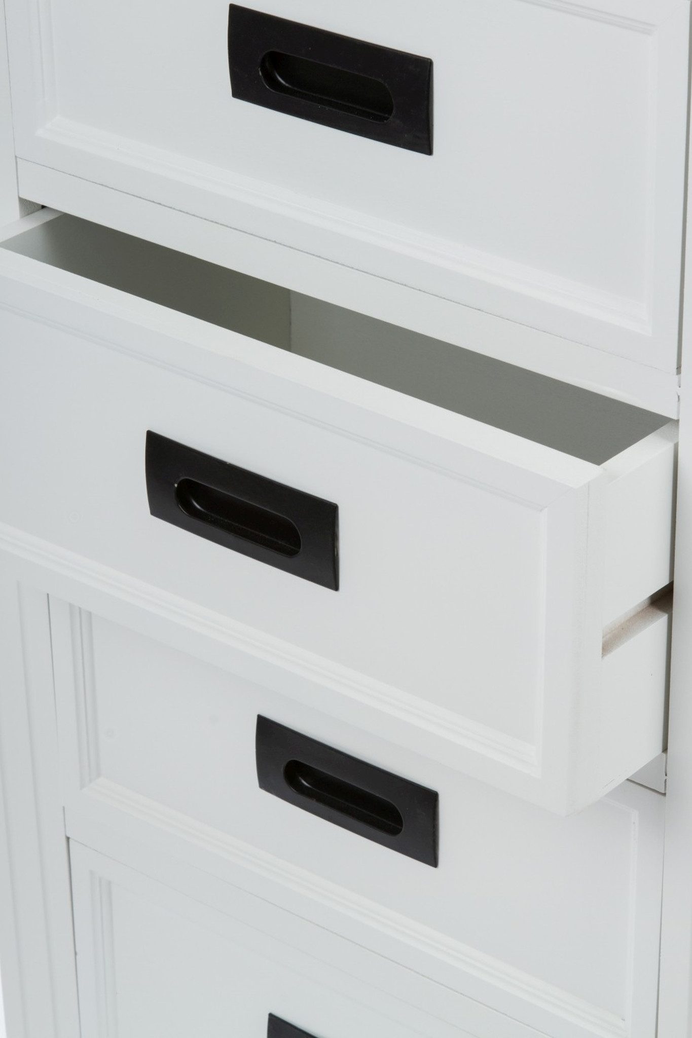 Wohnando Kommode kleiner Schrank "Viktoria" 5 Schubladen, Mehrzweckschrank, Wohnzimmer, grau gewischte Platte, weißes Holz, 35x54x107cm