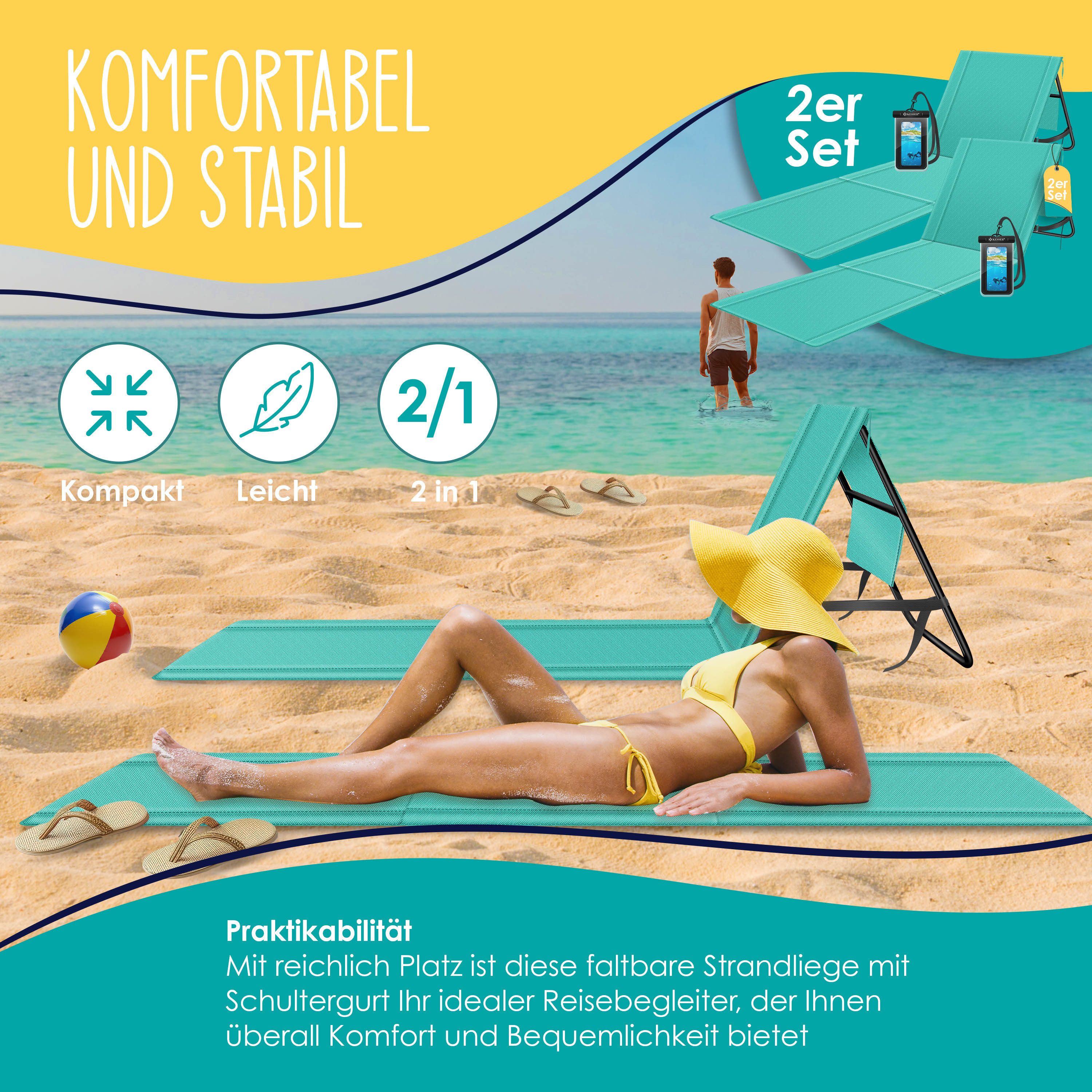 KESSER Gartenliege Strandmatte klappbar mit verstellbarer Rückenlehne max. 130 kg, 2 St., Strandliege mit Tragegurt, wasserdichter Handyhülle & Tragetasche, Sonnenliege faltbar für Strand, Garten & Terrasse Liegematte