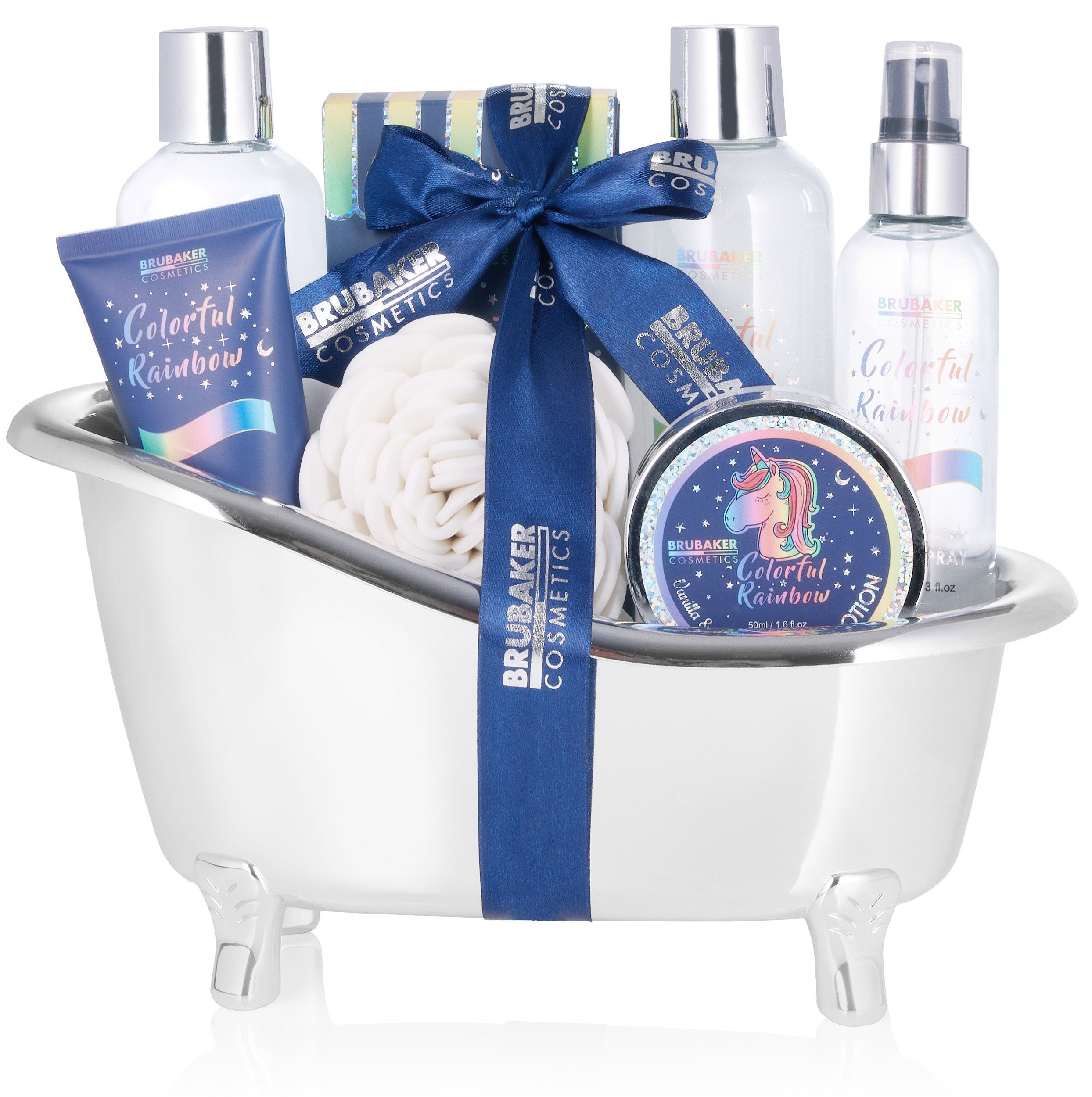 BRUBAKER Pflege-Geschenkset Einhorn Dusch- und Badeset Vanille & Lavendel Duft, 8-tlg., Frauen Geschenkset in Silber Wanne, Beauty Pflegeset für Damen
