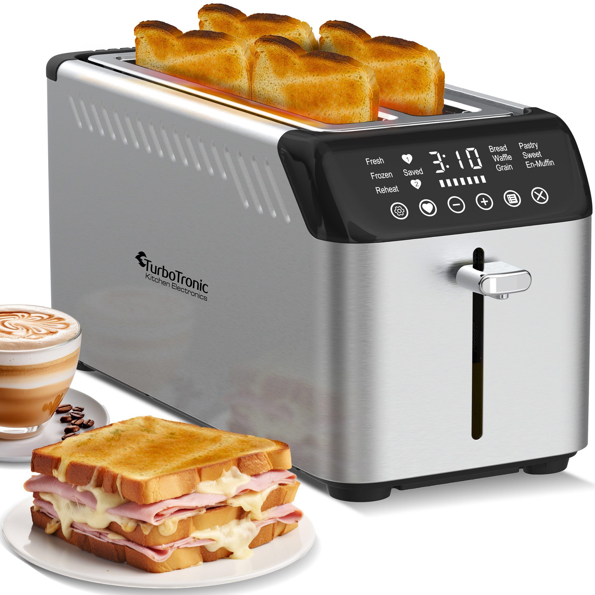 TurboTronic by Z-Line Toaster Langschlitz 4 Scheiben, Brötchenaufsatz, 1630 Watt Silber, 2 lange Schlitze, für 4 Scheiben, 1630 W, 7 Röststufen Memory Funktion Brötchenaufsatz Krümeltablett