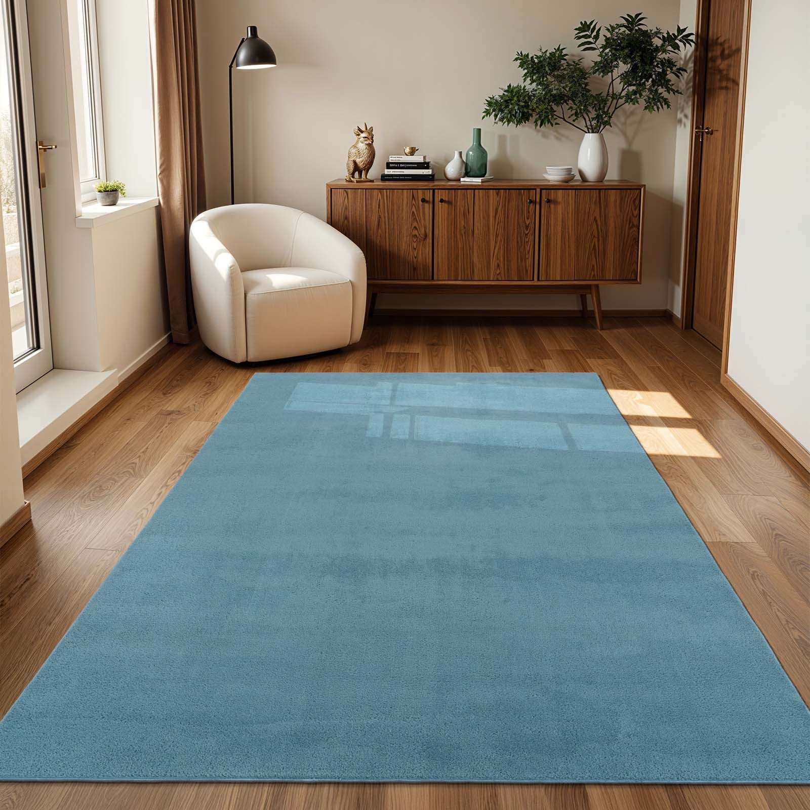 TaraCarpet Teppich Supersoft Kurzflorteppich Fiona Uni, rund, Höhe: 14 mm, Wohnzimmer, Schlafzimmer, Esszimmer, Fiona hellblau 80 rund