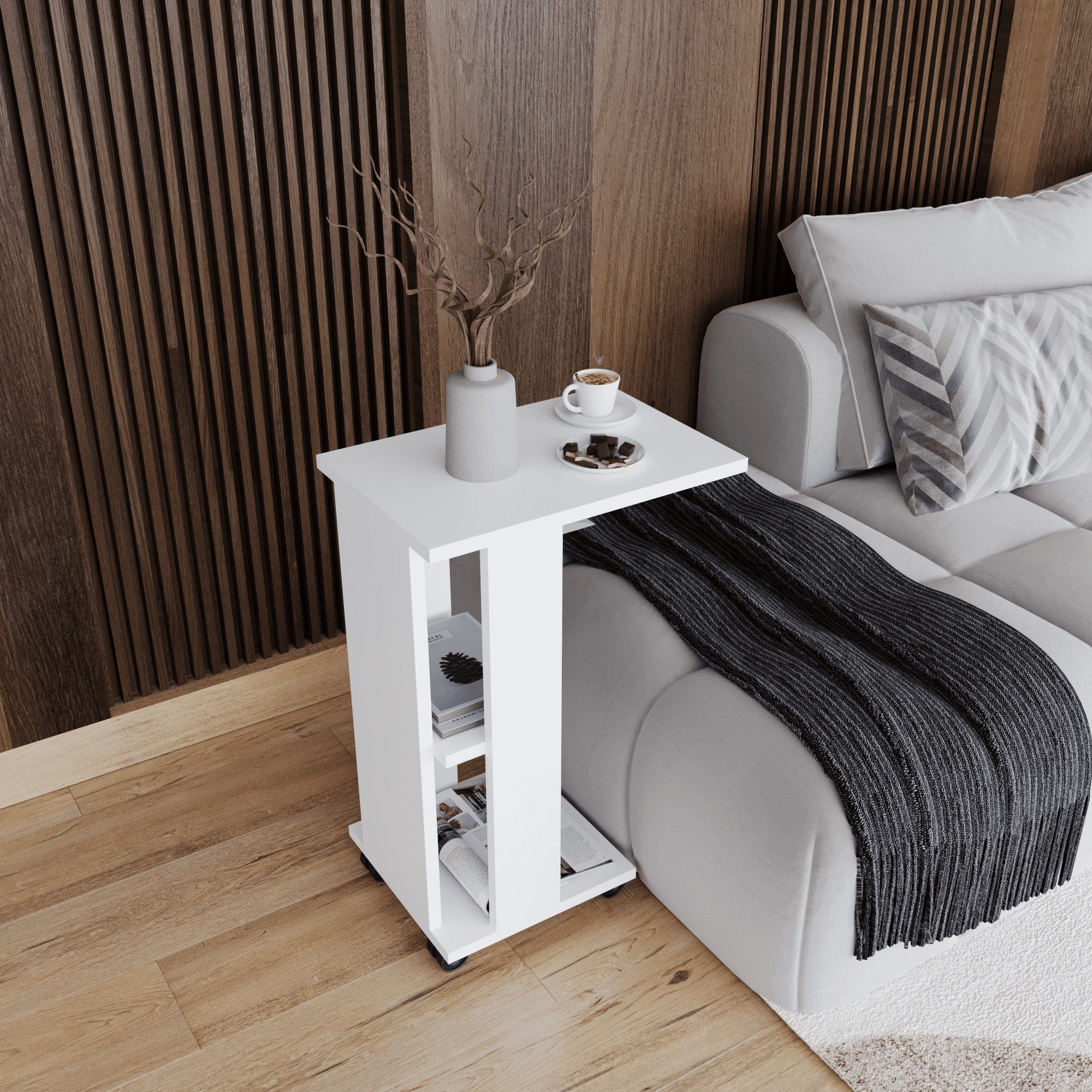 BDR Smart Home Art Beistelltisch Vigo Rollbarer Beistelltisch Weiß Modern, Mobil Für Büro, Wohnzimmer