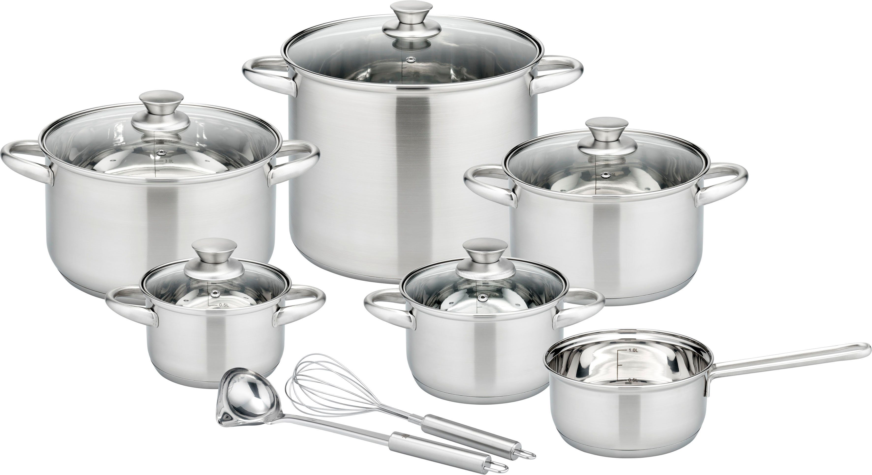 GSW Topf-Set Rigo, Edelstahl (Set, 13-tlg., Kochtopf 14/16/20/24 cm, 1 Stielkasserolle 16 cm, Gemüsetopf 26 cm), Literskala, Induktion, inkl. Küchenhelfer