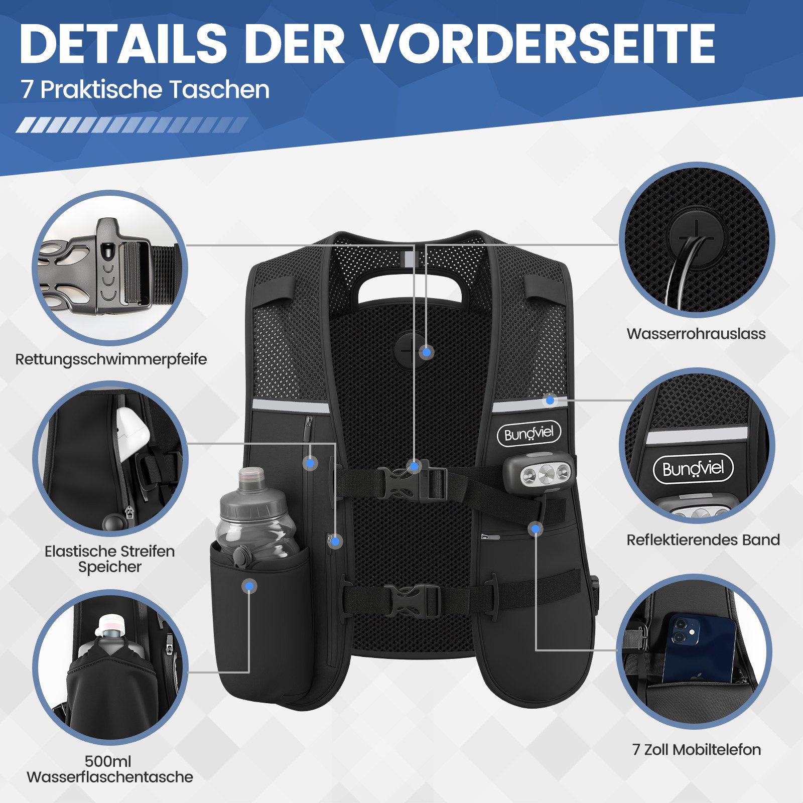 Bundviel Trinkrucksack Laufweste Damen und Herren Reflektierende mit 500ml Wasserflasche, 2L Ultraleicht Wasserdicht Atmungsaktiv