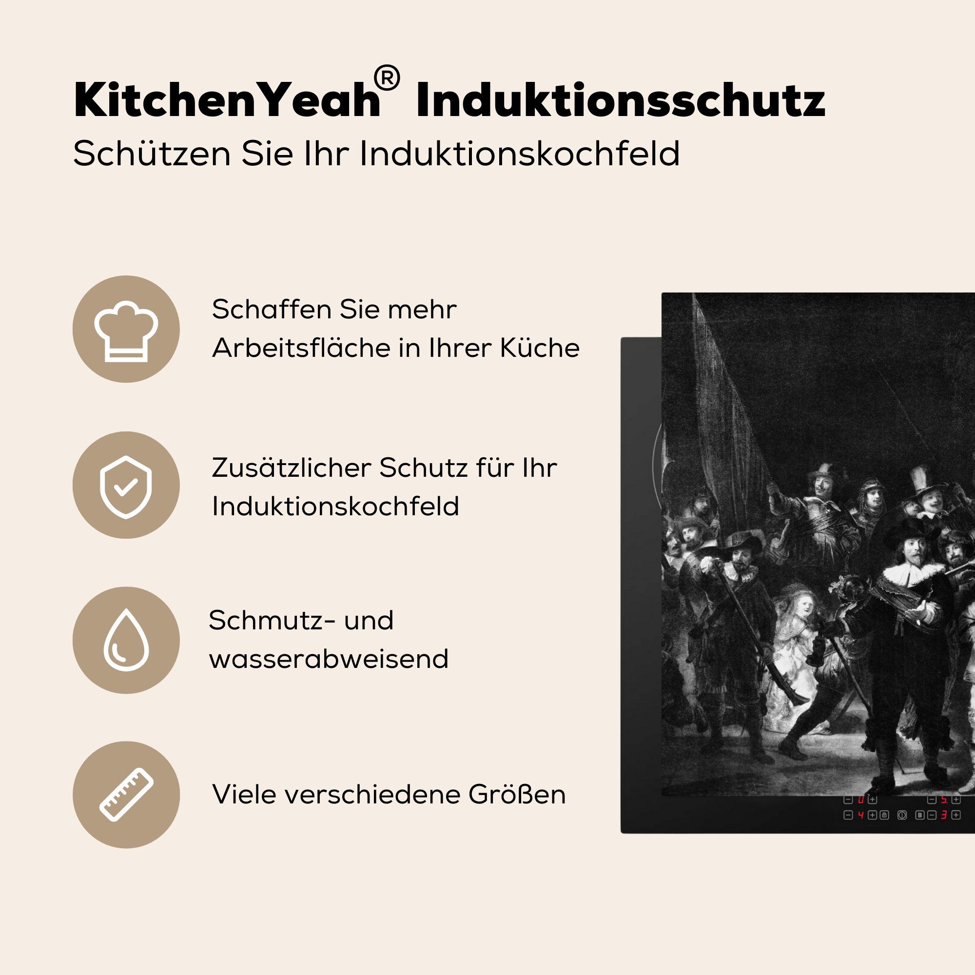 Rijn, van von cm, - 78x78 Schwarz Weiß Vinyl, Gemälde für tlg), Arbeitsplatte (1 küche Rembrandt MuchoWow und in Die Ceranfeldabdeckung, Nachtwache Herdblende-/Abdeckplatte