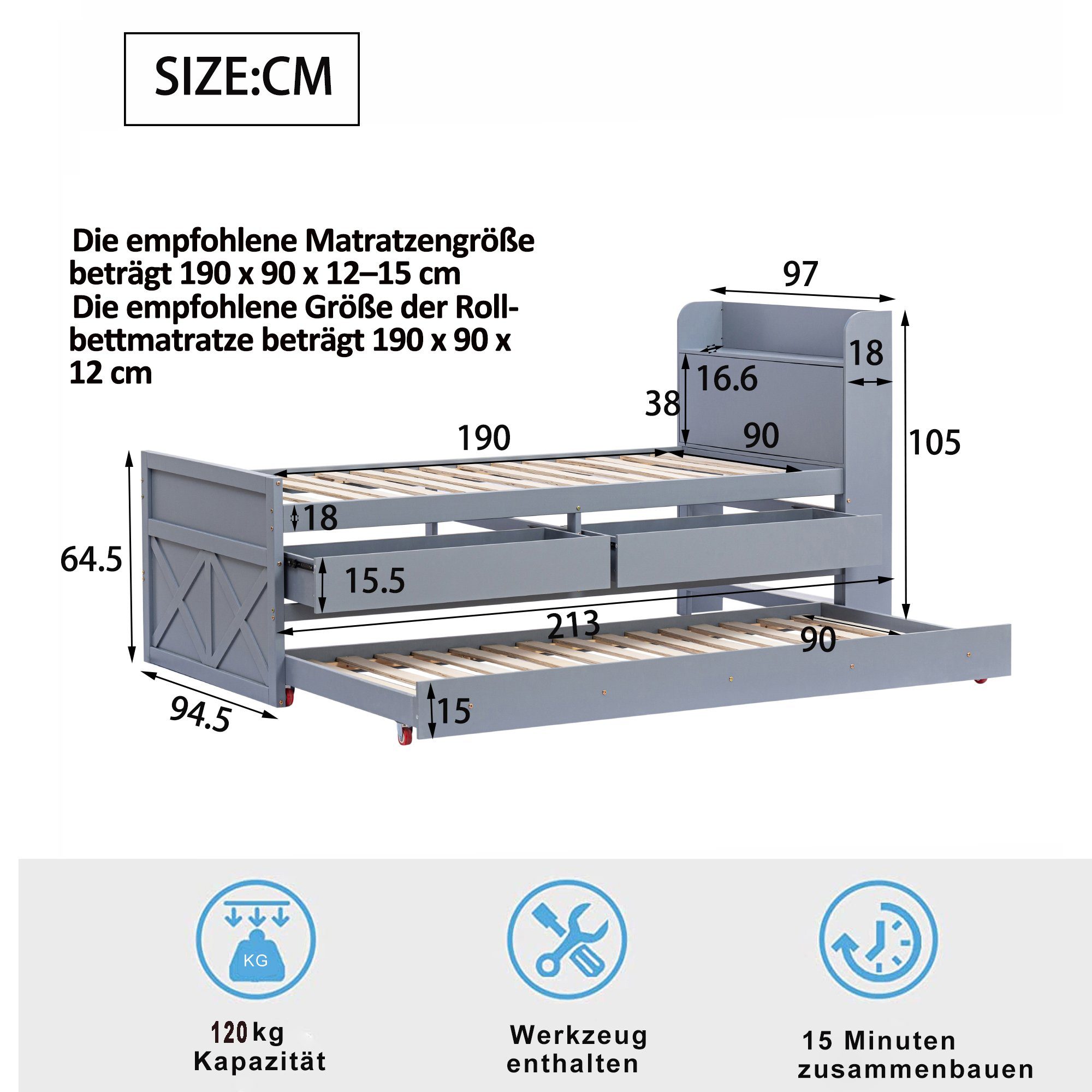 Massivholzbett (Stauraumbett, Kinderbett 90x190cm), mit 2 Schubladen, Stauraumfach, USB Ladefunktion und Ausziehbett