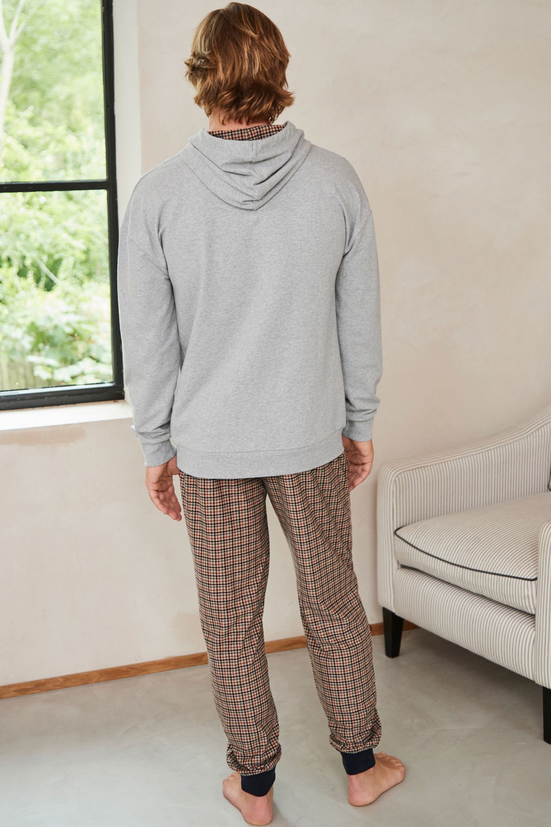 Schlafanzug Hooded Kuscheliger Next MotionFlex Check Pyjama Bündchen Grey/Neutral (2 mit tlg)