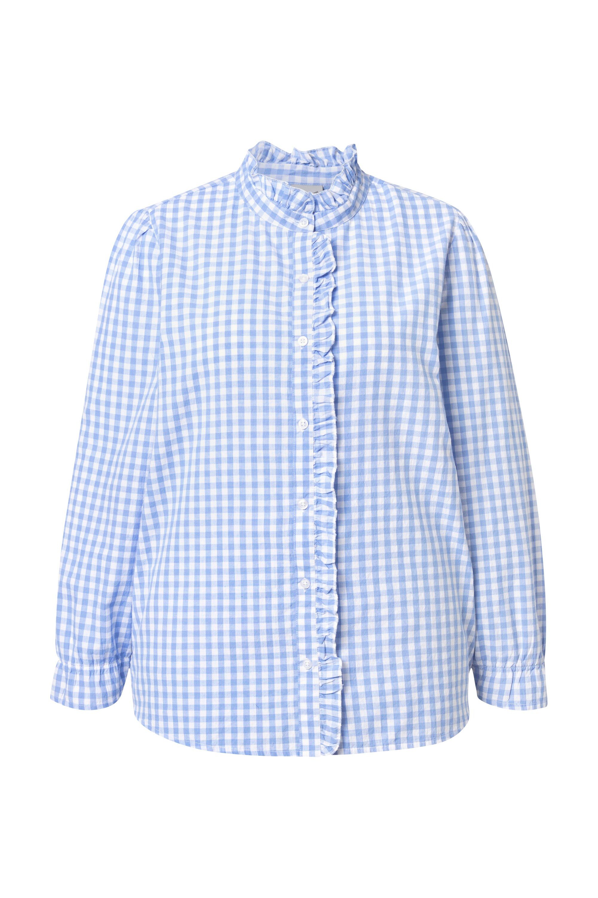 Ulla Popken Trachtenbluse Karobluse Rüschen Stehkragen Langarm günstig online kaufen