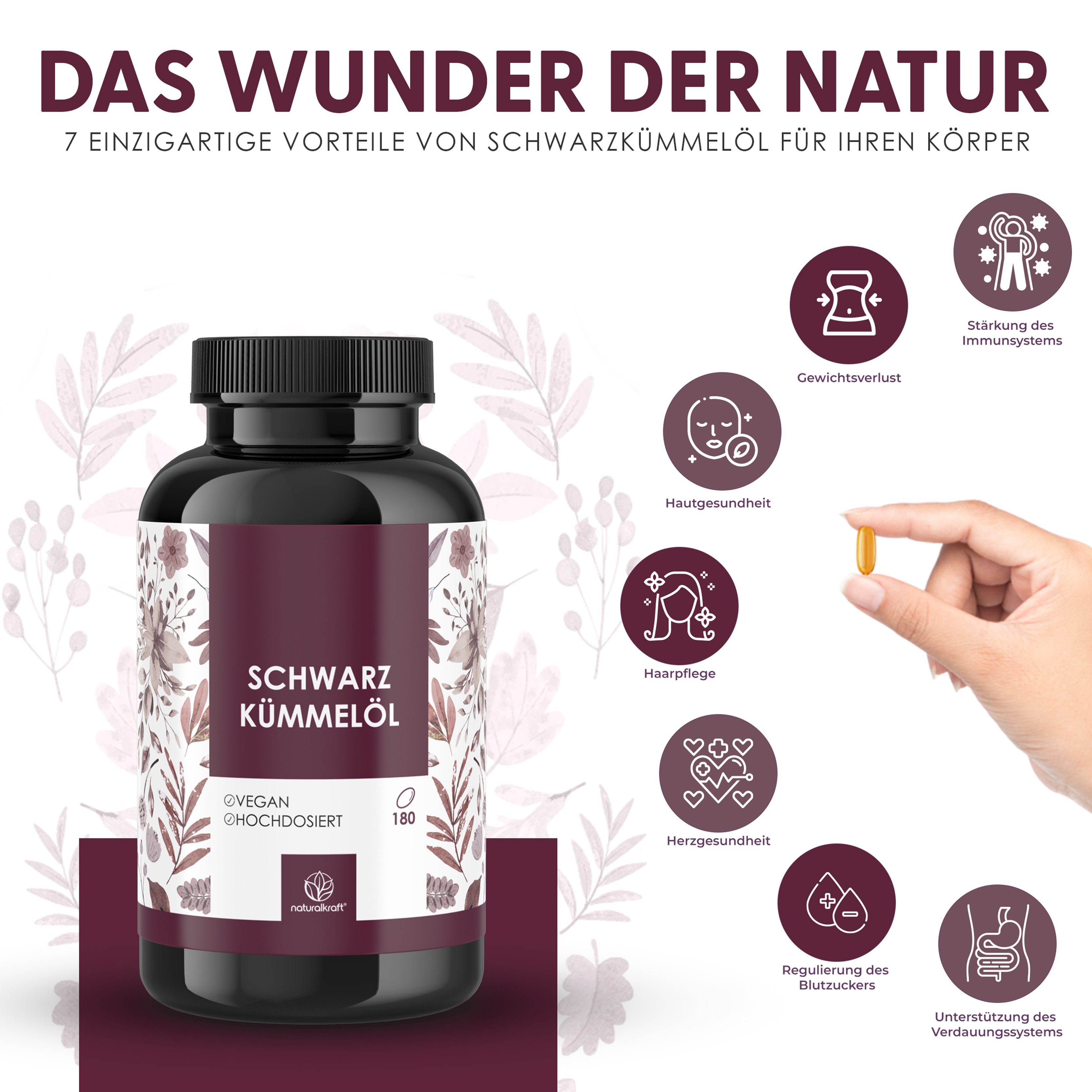 Naturalkraft Premium Schwarzkümmelöl Kapseln Täglich 1 Weichkapsel mit ausreichend Flüssigkeit einnehmen. Nahrungsergänzungsmittel sollten nicht als Ersatz für eine ausgewogene und abwechslungsreiche Ernährung verwendet werden., 236 g