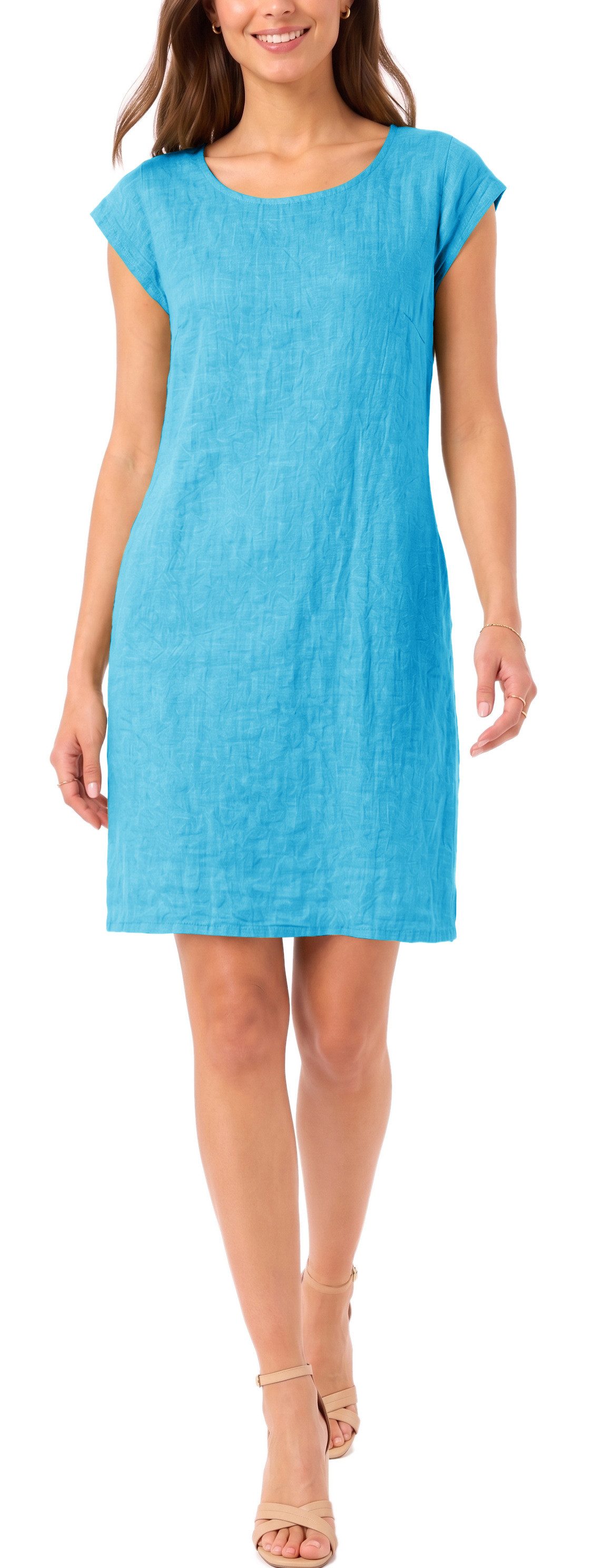 dy_mode Midikleid Einfarbiges Damen Leinenkleid Sommerkleid Kurzarm Midi Kleid in Unifarbe, mit Eingriffstaschen, leicht taillierte Passform – Bild 3 von 5