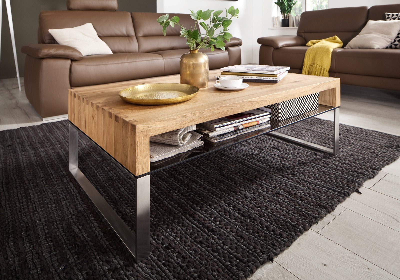 MCA furniture Couchtisch x Tisch Ablage, 110 cm), Asteiche mit (Wohnzimmer 70 massiv Hilary Edelstahl und