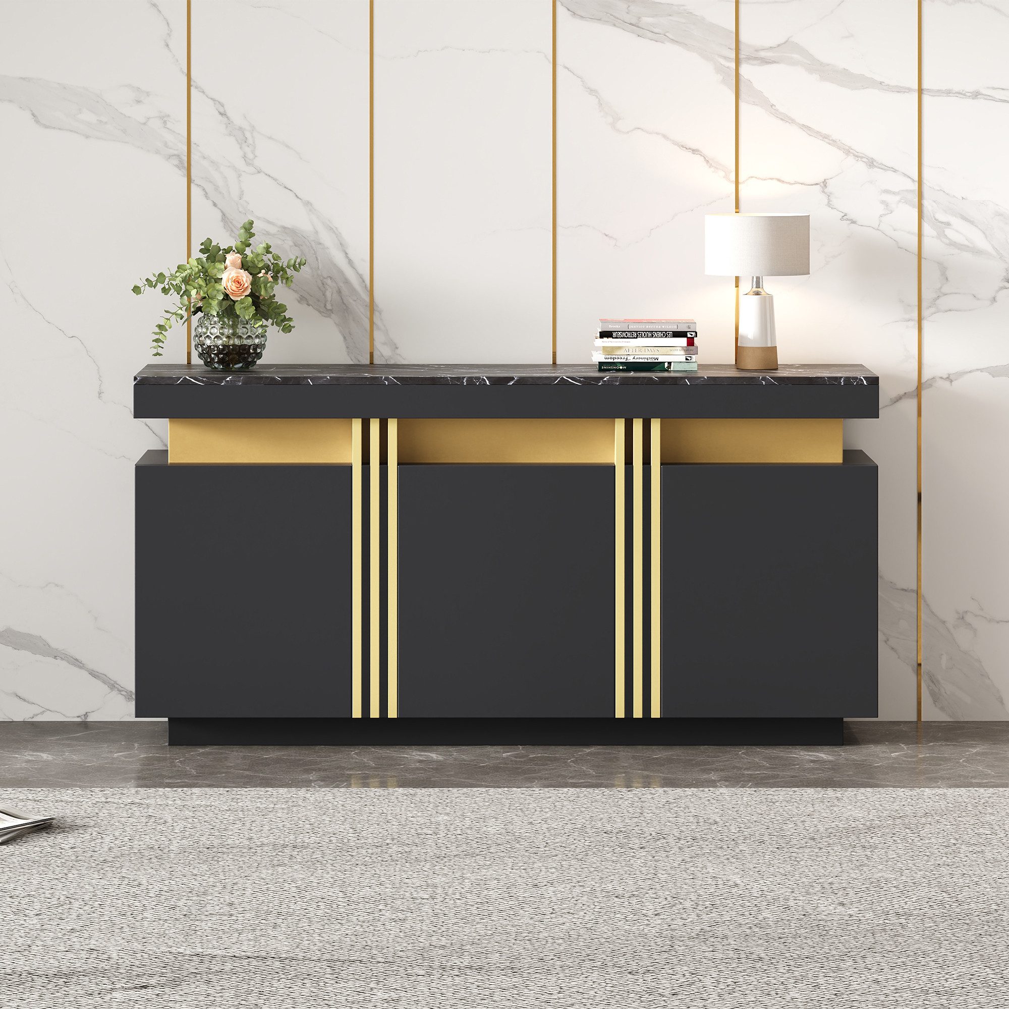 Merax Sideboard Aufbewahrungsschrank Anrichte mit Marmoroptik (1 St., 140x38x70cm), Kommode mit 3 Türen, verstellbaren Einlegeböden & Platin-Akzenten