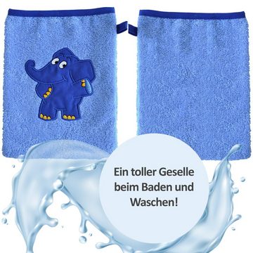 Smithy Waschlappen Waschhandschuh Baby mit dem blauen Elefanten (1-tlg), Applikation