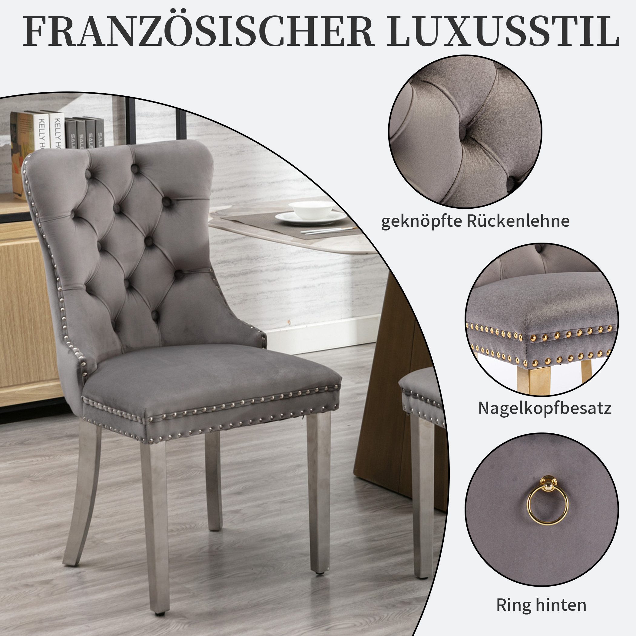 SeedWave Esszimmerstuhl 2er Set Küchenstuhl Samt Polsterstuhl mit Ziernieten, Metallbeinen, Knopf-Rückenlehne, Ringgriffe hinten, verstellbare Fußpads