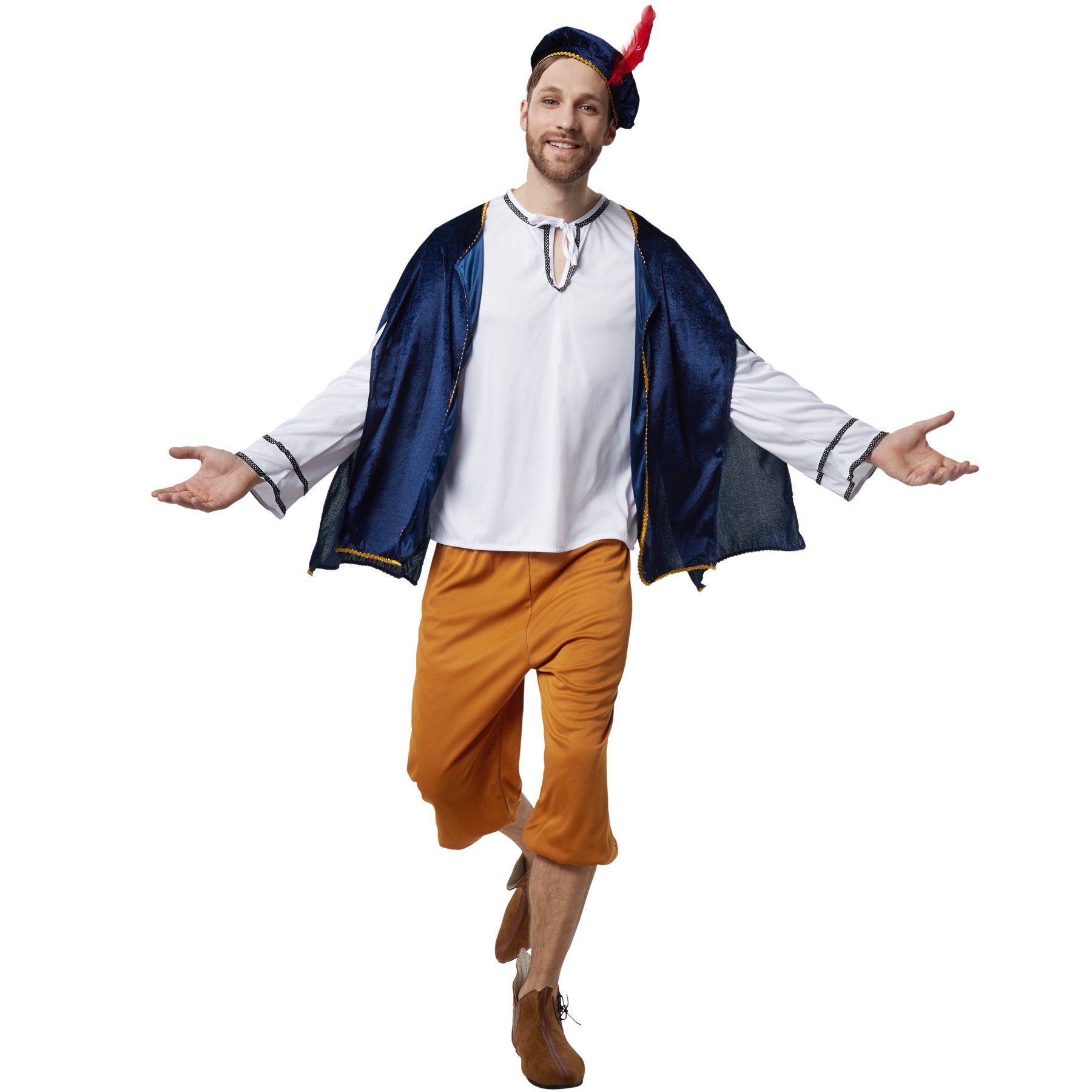 dressforfun Kostüm Ausrufer, auch Verkünder, in der Farbe blau/weiß, Konfektionsgröße L, Kopfbedeckung mit Feder, Hellbraune Dreiviertelhose mit Gummizug