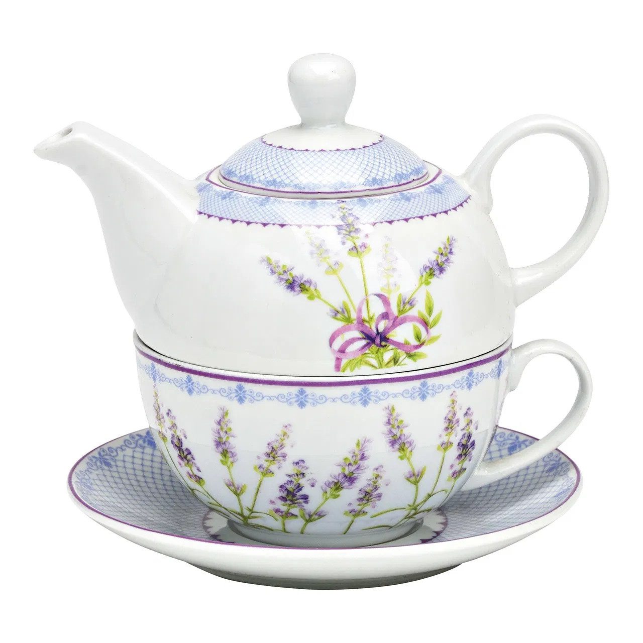Wurm Teekanne Teekannen-Set mit Tasse Teller Porzellan Lavendel Design Teatime 3tlg