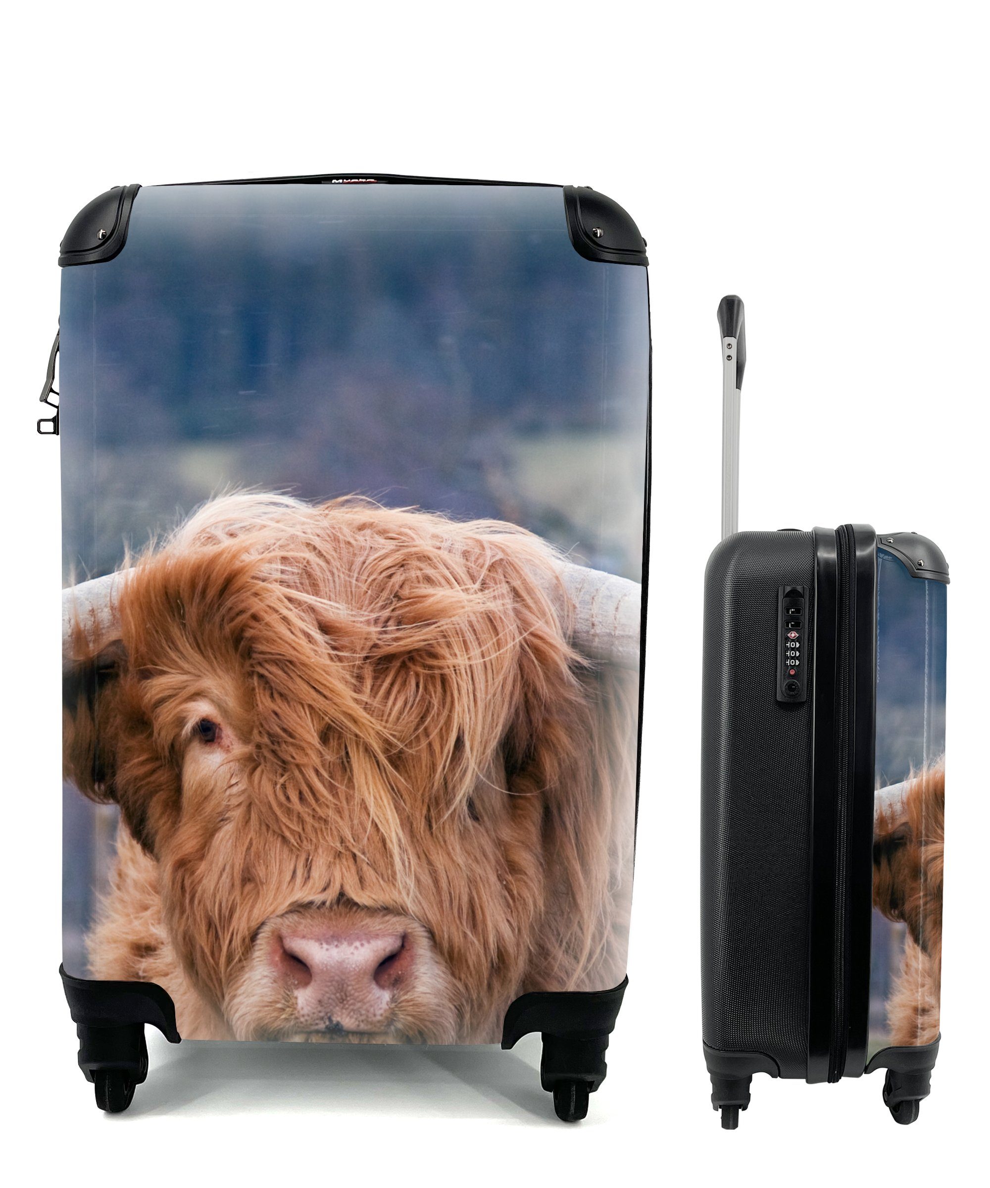 MuchoWow Handgepäckkoffer Schottischer Highlander - Hörner - Berg, 4 Rollen, Reisetasche mit rollen, Handgepäck für Ferien, Trolley, Reisekoffer