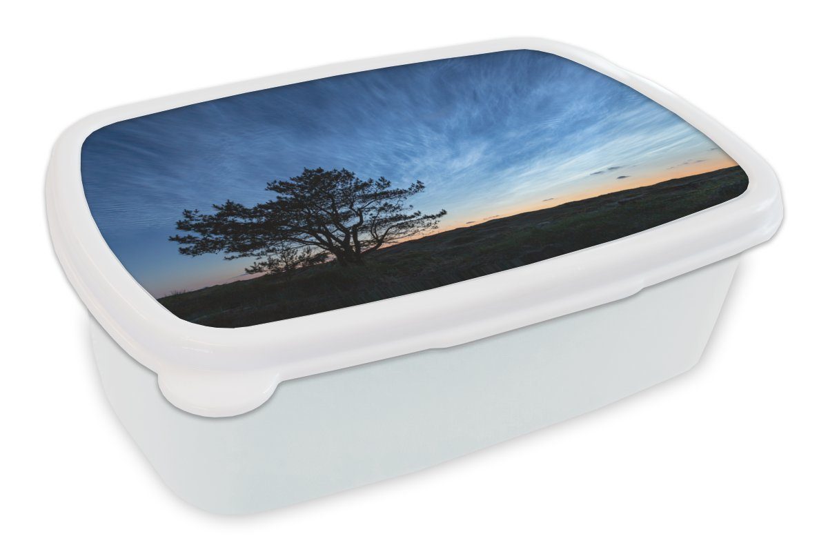 Kinder und über für Erwachsene, Brotdose, (2-tlg), Ameland Mädchen und MuchoWow die Silhouette Lunchbox weiß Baumes, und Brotbox Jungs für eines Sonnenaufgang Kunststoff,