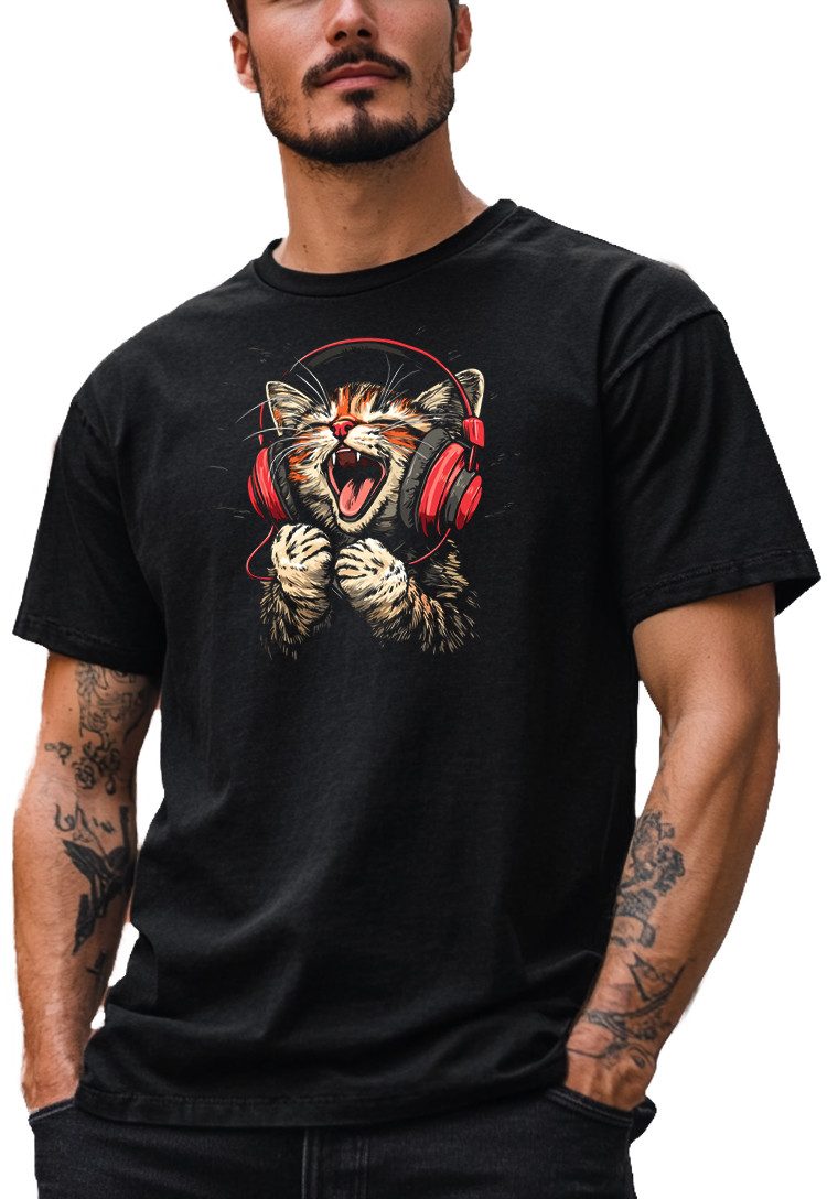 MAKAYA T-Shirt Printshirt für Herren – Katze mit Kopfhörer für Katzenliebhaber (S, M, L, XL, XXL, XXXL, XXXXL, XXXXXL) Baumwolle