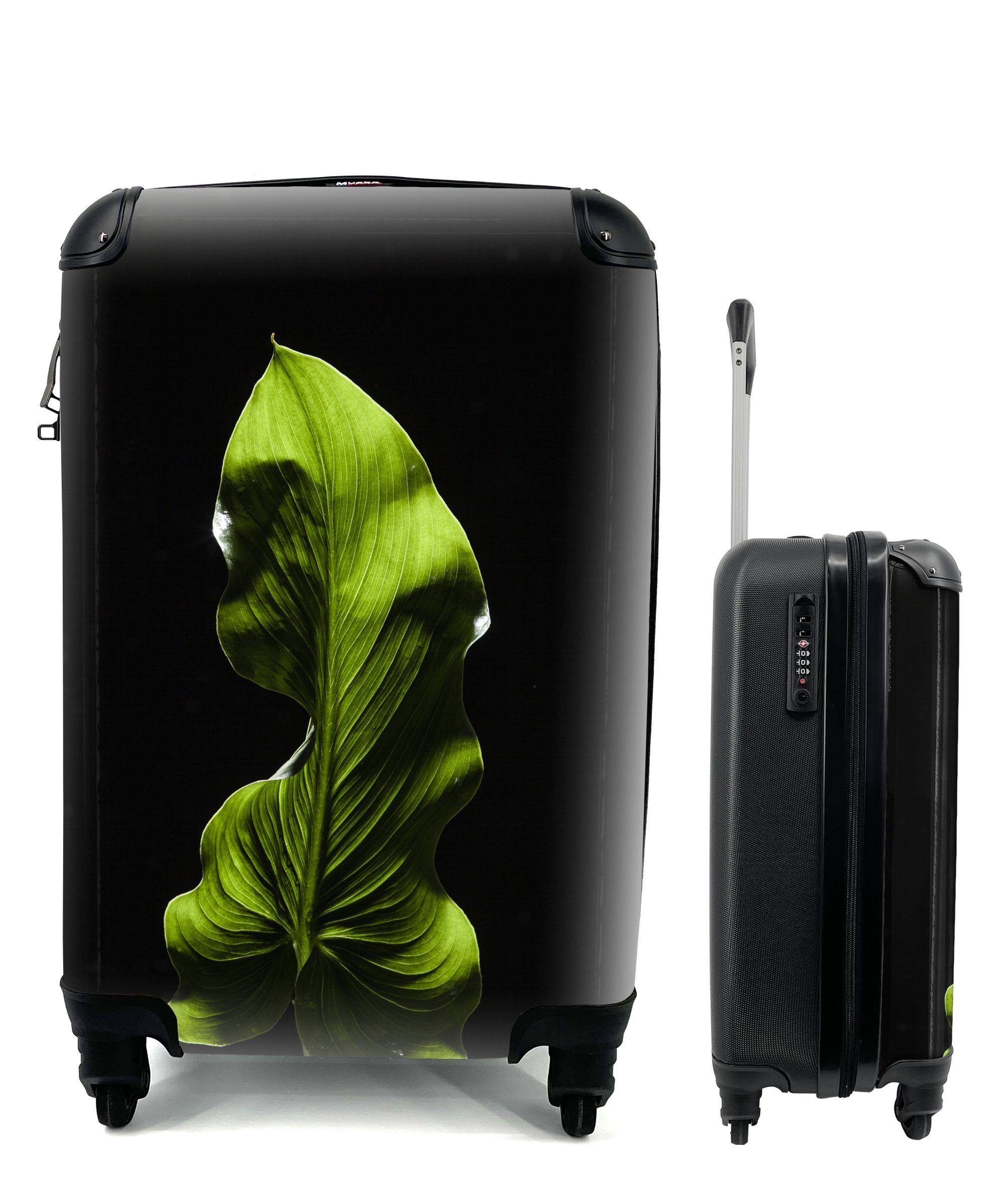 MuchoWow Handgepäckkoffer Ein grünes Blatt auf schwarzem Hintergrund, 4 Rollen, Reisetasche mit rollen, Handgepäck für Ferien, Trolley, Reisekoffer