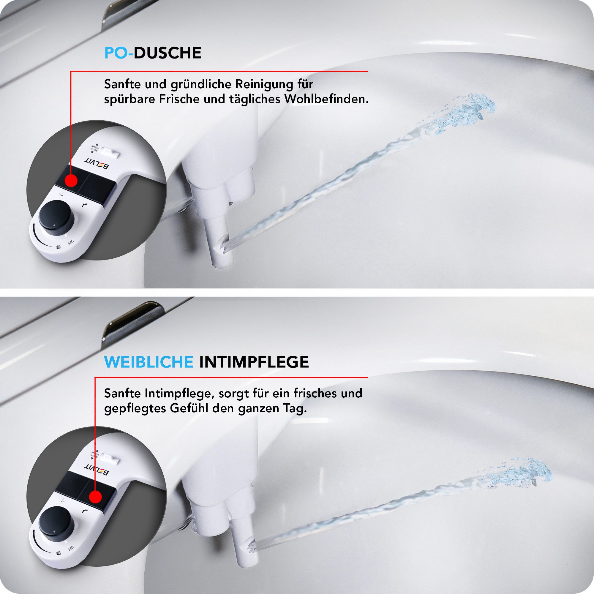 Belvit Bidet-Einsatz für Toiletten – Hygienischer WC Bidet Toilettenaufsatz ohne Strom, 1-tlg., einfache Reinigung, Dank Ein-Klick-Demontage, verstellbarer Wasserdruck & selbstreinigende Düse, einfache Montage