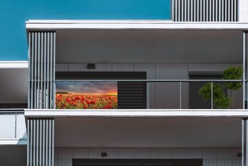 MuchoWow Balkonsichtschutz Sonnenuntergang - Mohnblumen - Rot - Blumen - Feld - Natur (1-St) Balkonbanner, Sichtschutz für den Balkon, Robustes und wetterfest