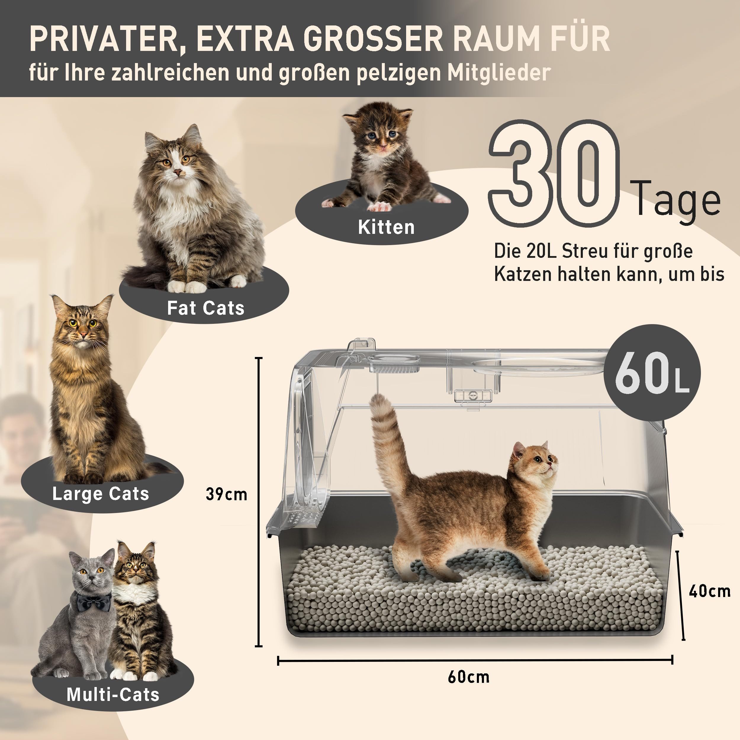 SURFOU Katzentoilette Katzenklo Edelstahl mit Deckel, XXL Großes Katzentoilette mit Schaufel, 60x40x39 cm, mit Katzenstreumatte, Streuschaufel & Aktivkohlefilter